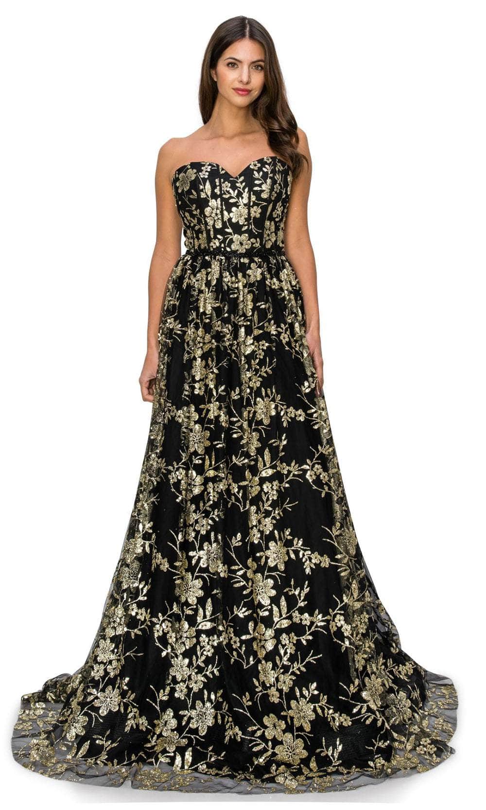 Cinderella Couture 8043J - Floral Glitter Print Prom Gown Special Occasion Dress XS / Black