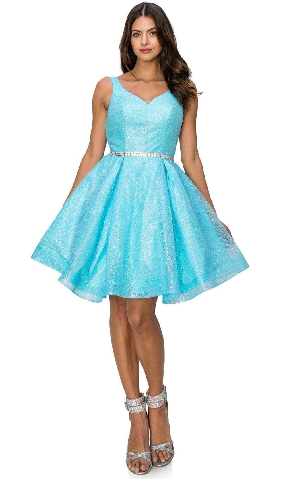 Cinderella Couture 8047J - Short Glitter Mesh A-Line Dress - Sleeveless, Wide Strap, Glitters, Rhinestone Thin Belt, V-Back, Back Zipper, Pleated, Cinderella Couture 8047J - Short Glitter Mesh A-Line Dress - Sleeveless, Wide Strap, Glitters, Rhinestone Thin Belt, V-Back, Back Zipper, Pleated,