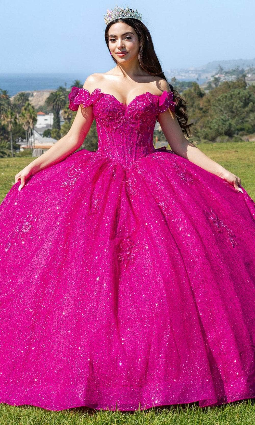Cinderella Couture 8120J - Off-Shoulder Beaded Ballgown Special Occasion Dress XS / Fuchsia