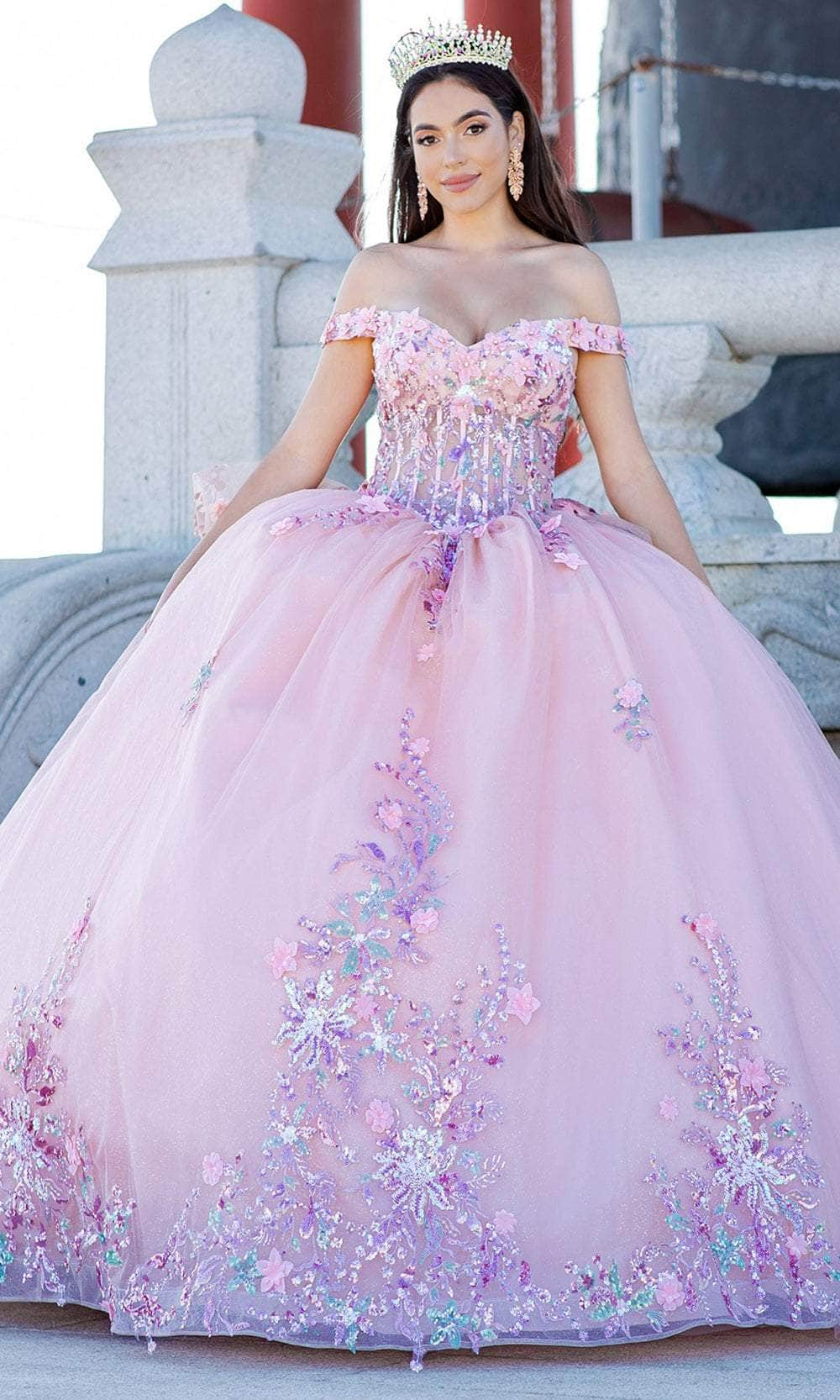 Cinderella Couture 8125J Long Ballgown Off Shoulder 3D Floral Applique Corset Bodice Lace Up Back Layered Skirt Bow Accent Train ADASA