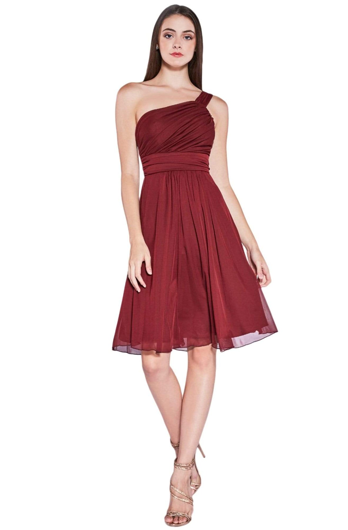 Cinderella Divine - 3909 One Shoulder Knee-Length A-Line Chiffon Dress Cocktail Dresses XS / Burgundy