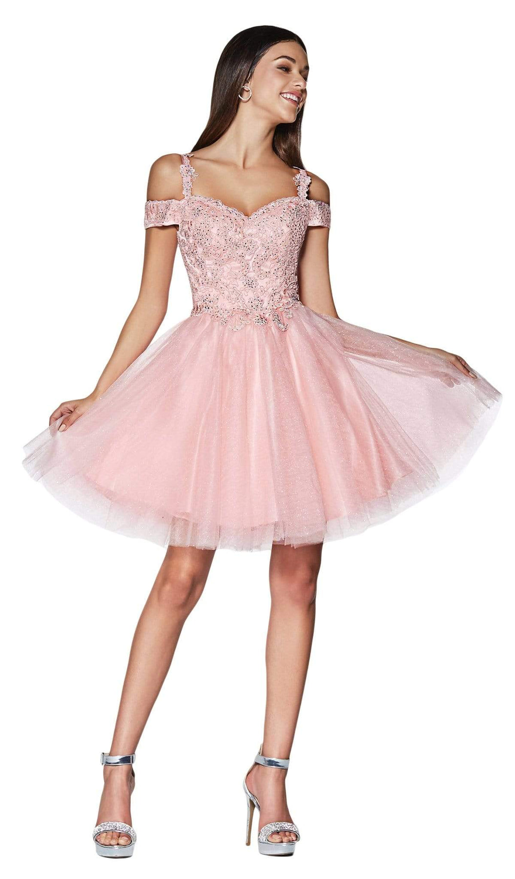 Cinderella Divine - CD0132 Cold Shoulder Glitter Tulle Cocktail Dress Cocktail Dresses XS / Blush