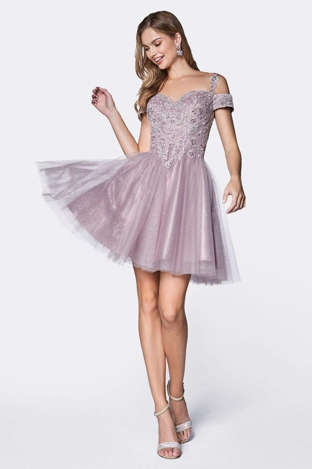 Cinderella Divine - CD0132 Cold Shoulder Glitter Tulle Cocktail Dress Cocktail Dresses XS / Mauve