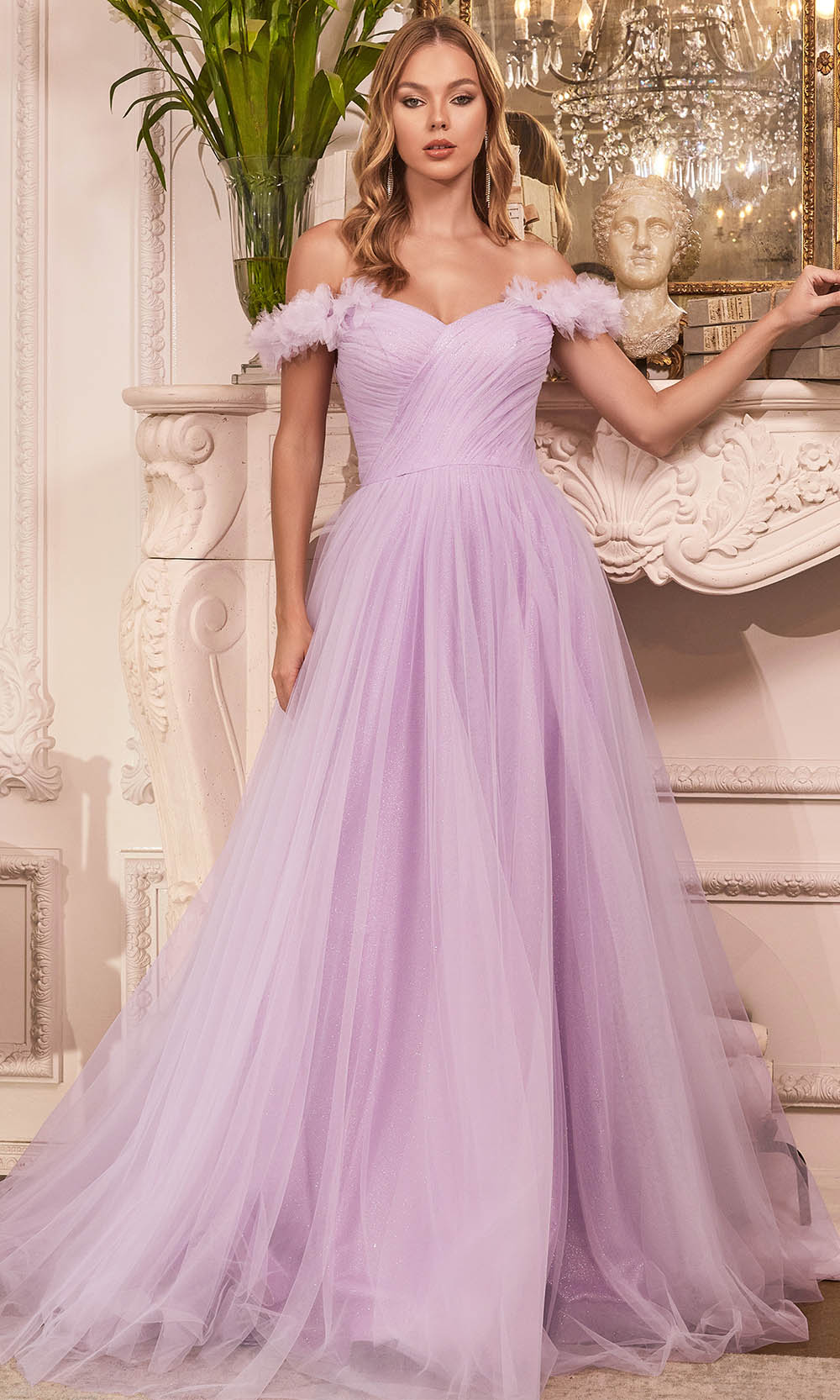 Cinderella Divine - Ruffled Sleeve A-Line Prom Gown CD957 In Purple