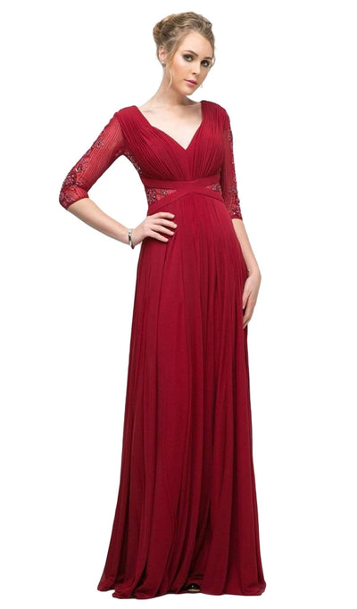 Cinderella Divine - CR785 Beaded Embroidered Empire Waist Long Dress Special Occasion Dress 2 / Burgundy