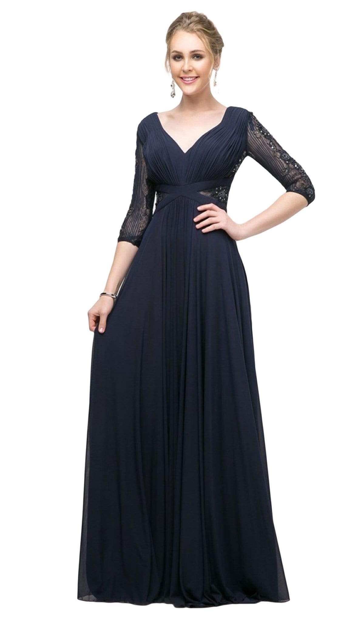 Cinderella Divine - CR785 Beaded Embroidered Empire Waist Long Dress Special Occasion Dress 2 / Navy