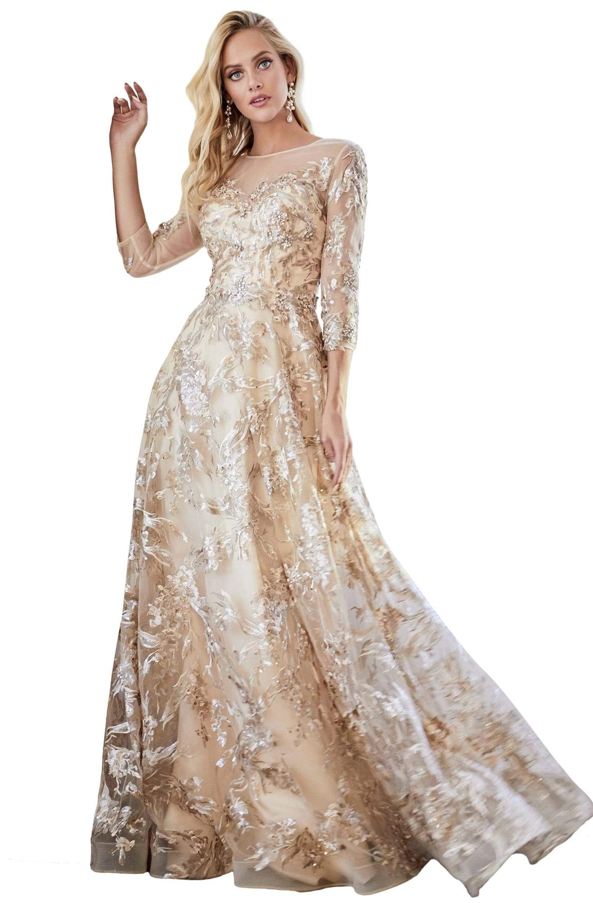 Cinderella Divine - CR855 Three-Quarter Sleeve Embellished Lace Finish Gown - 1 pc Champagne Gold In Size 10 Available CCSALE 10 / Champagne Gold