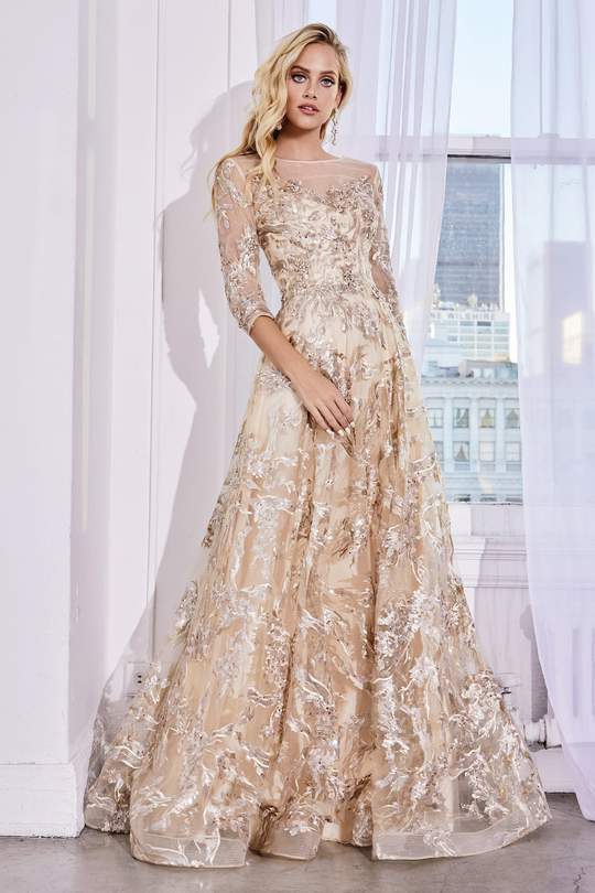 Cinderella Divine - CR855 Three-Quarter Sleeve Embellished Lace Finish Gown - 1 pc Champagne Gold In Size 10 Available CCSALE 10 / Champagne Gold