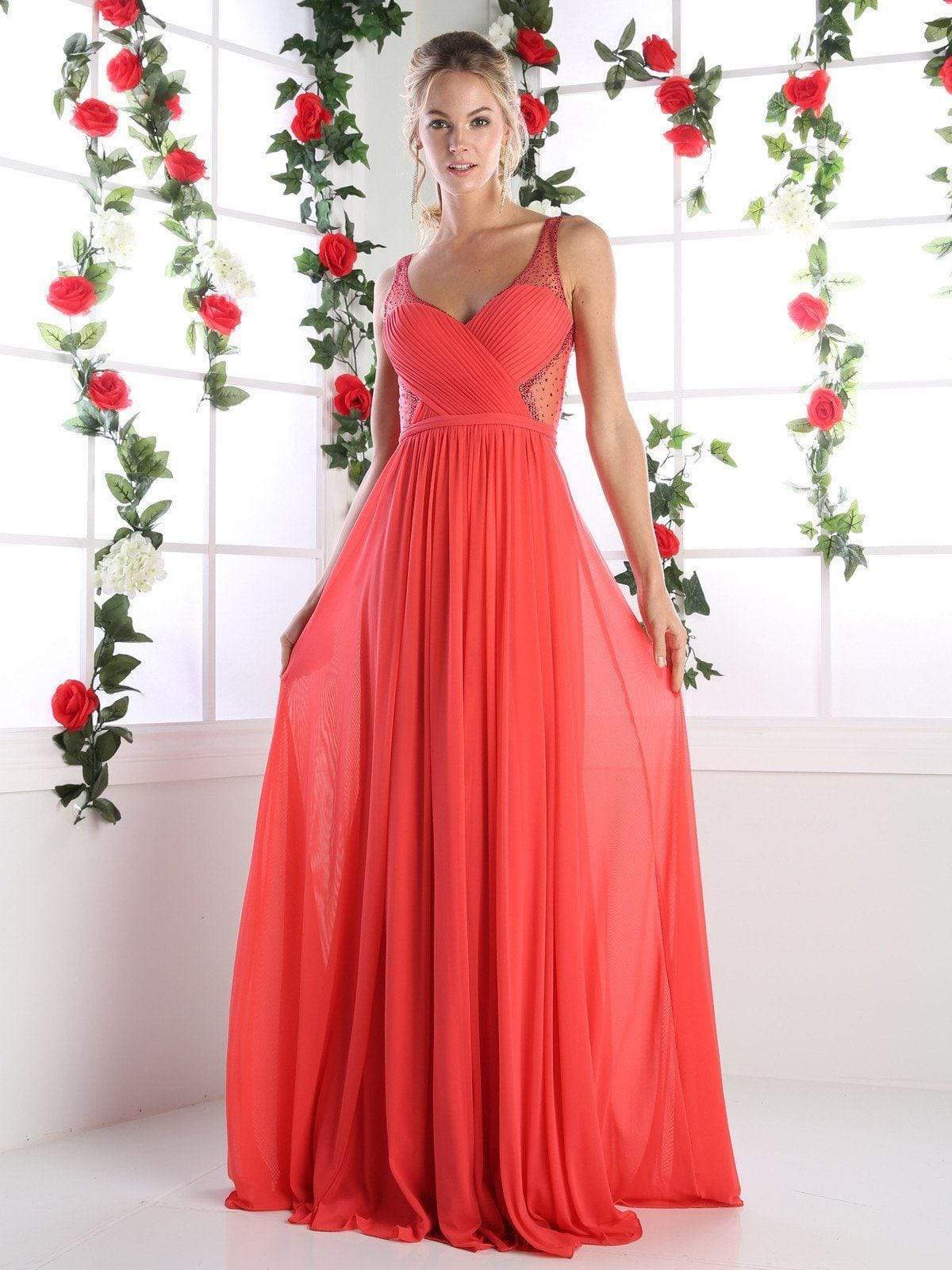 Cinderella Divine - Crisscrossed Ornate Illusion Panel Gown Special Occasion Dress 2 / Coral