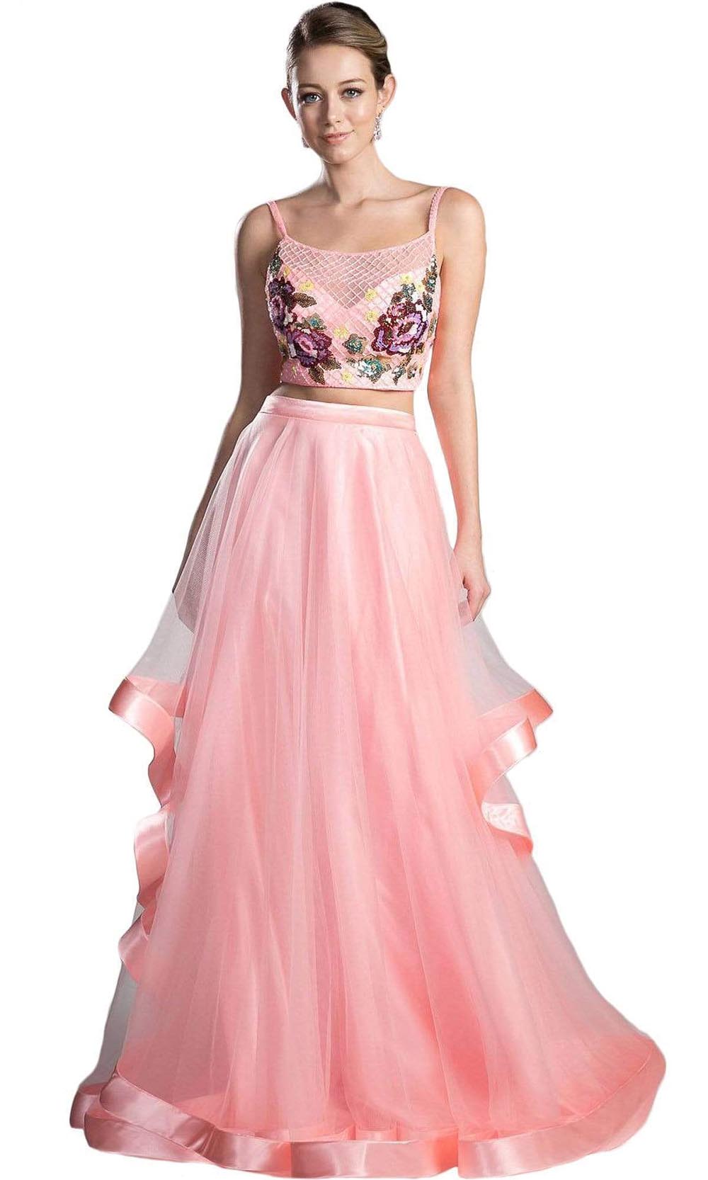 Cinderella Divine - 11793SC Two Piece Floral Embroidered Organza Dress In Pink and Orange