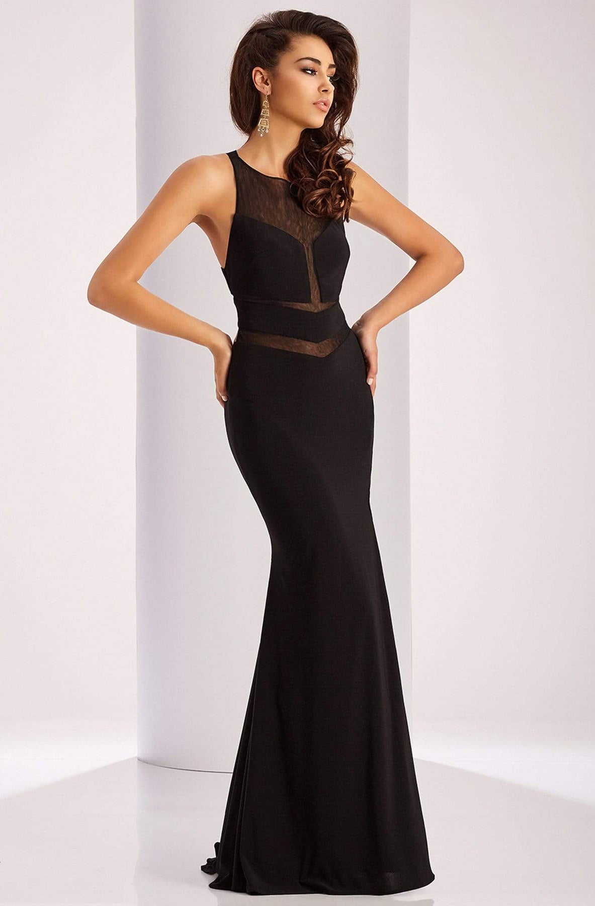 Clarisse - 3040 Illusion Chevron Panel Gown Special Occasion Dress 10 / Black