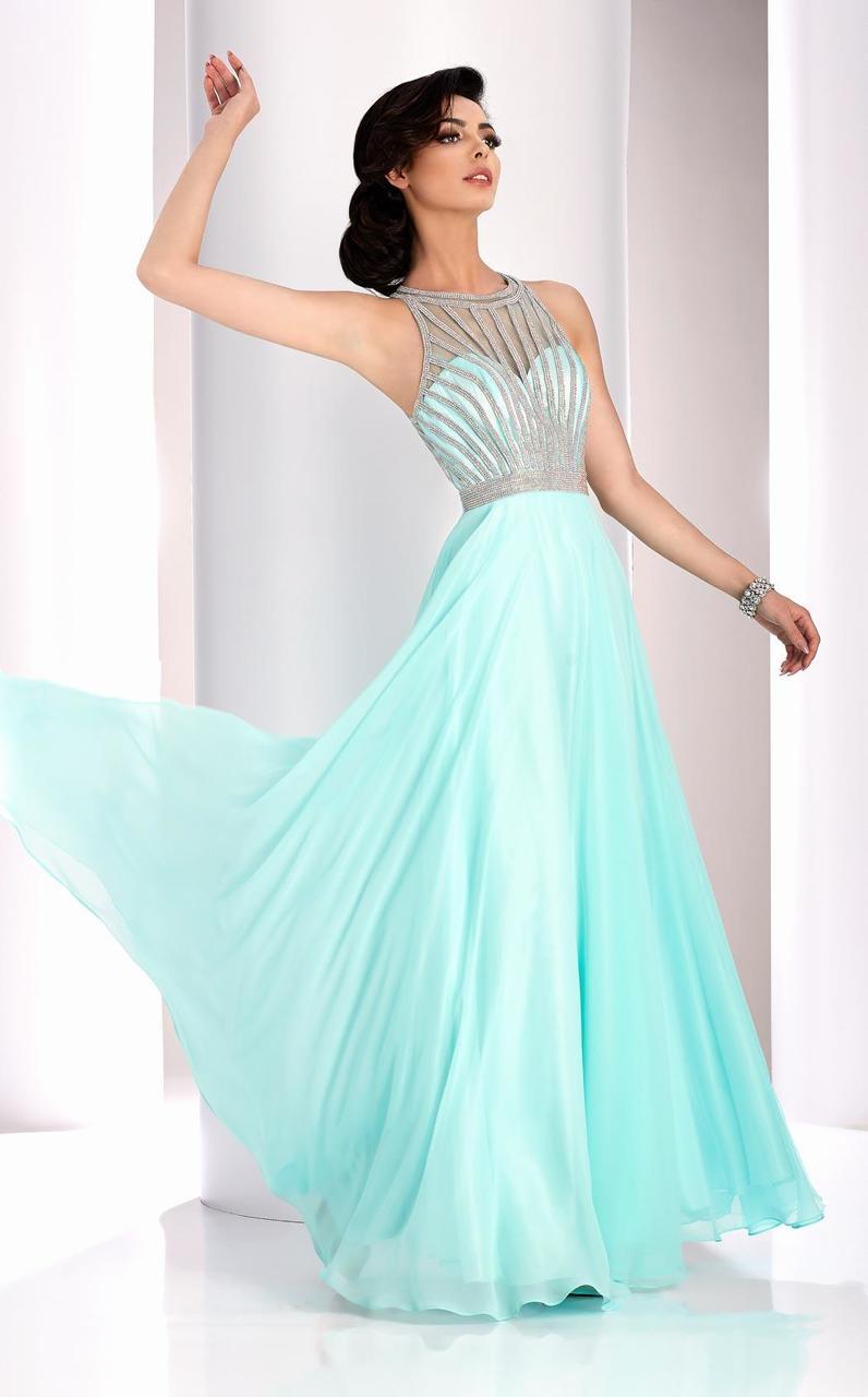 blue striped dress illusion A-Line Halter Open-Back Glitter Blend Dress 3068 by Clarisse 4 / Seafoam