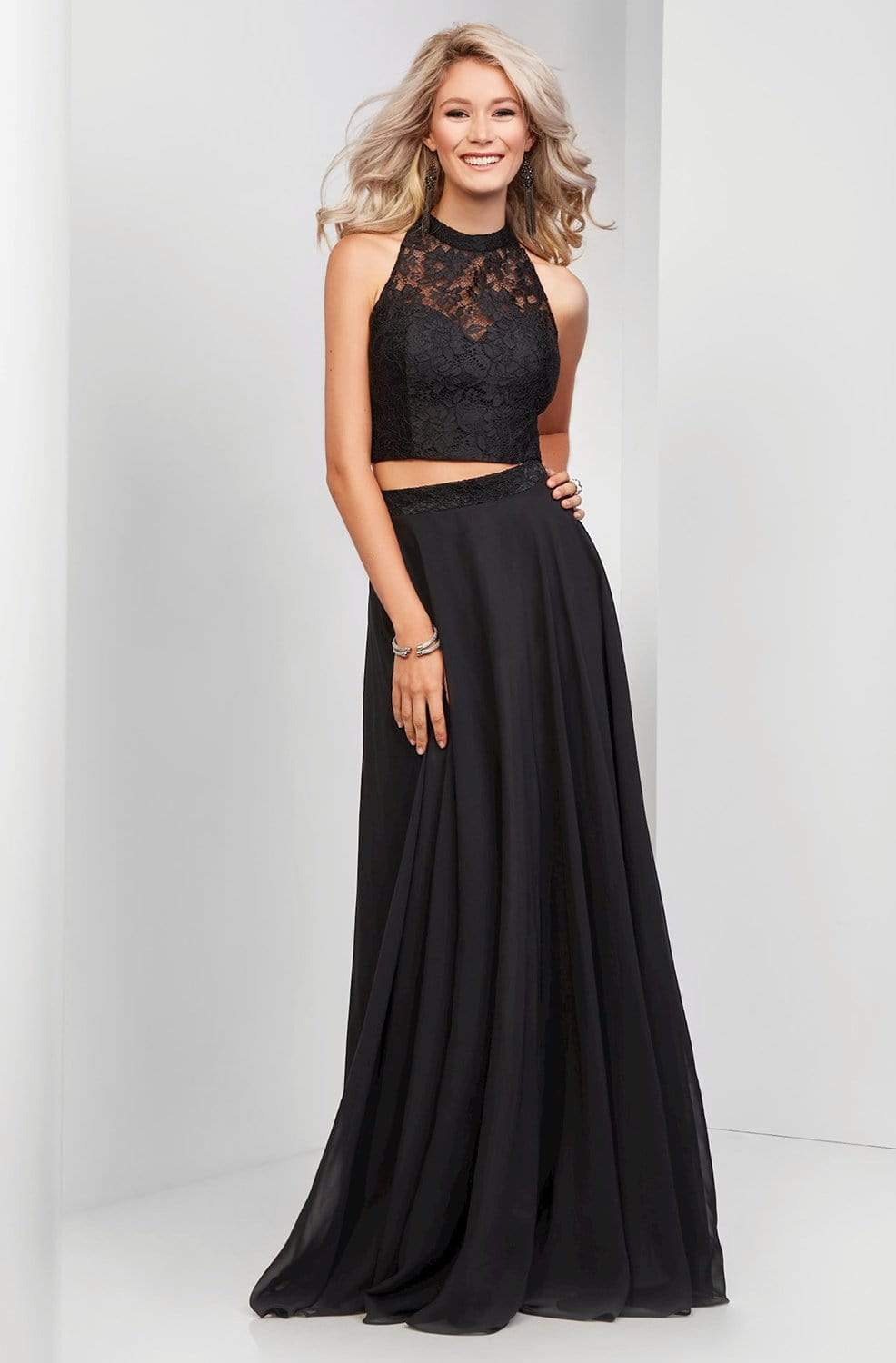 Clarisse 3427 - Long A-Line Dress - Two-Piece Set, Lace / Chiffon, Cropped Top, Sleeveless, Close Neckline, Racerback, Cutout Back, Lined, Hook And Eye, Back Zipper Closure ADASA Clarisse 3427 - Long A-Line Dress - Two-Piece Set, Lace / Chiffon, Cropped Top, Sleeveless, Close Neckline, Racerback, Cutout Back, Lined, Hook And Eye, Back Zipper Closure ADASA