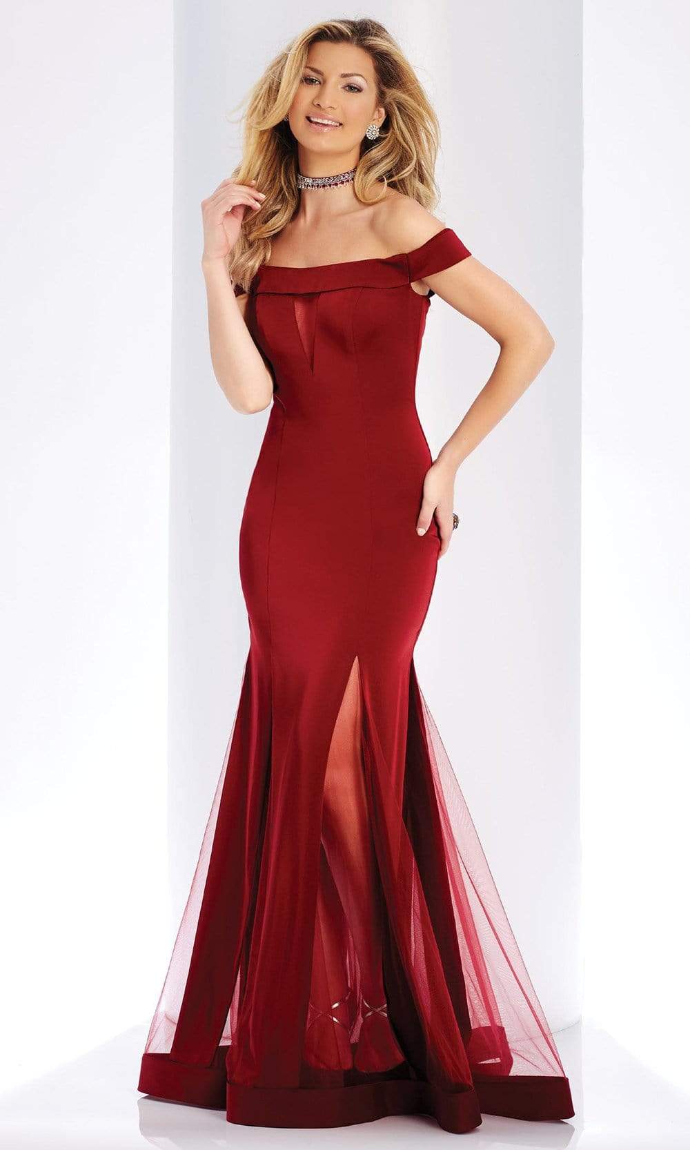 Clarisse - 3518 Off-Shoulder Sheer Trumpet Dress Special Occasion Dress 0 / Wine