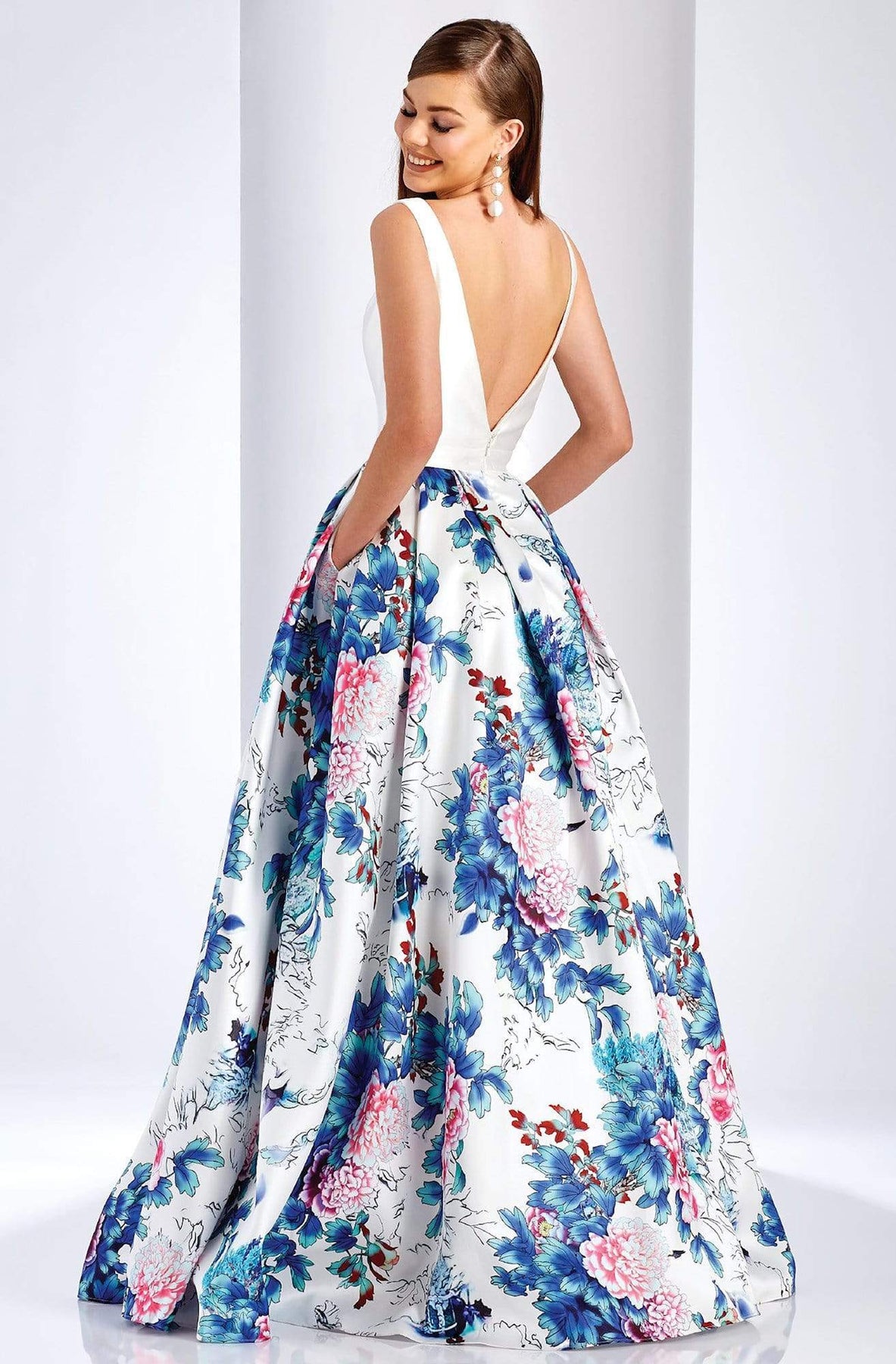 Clarisse - 3538 Deep V-Neck Floral Mikado Evening Gown Prom Dresses