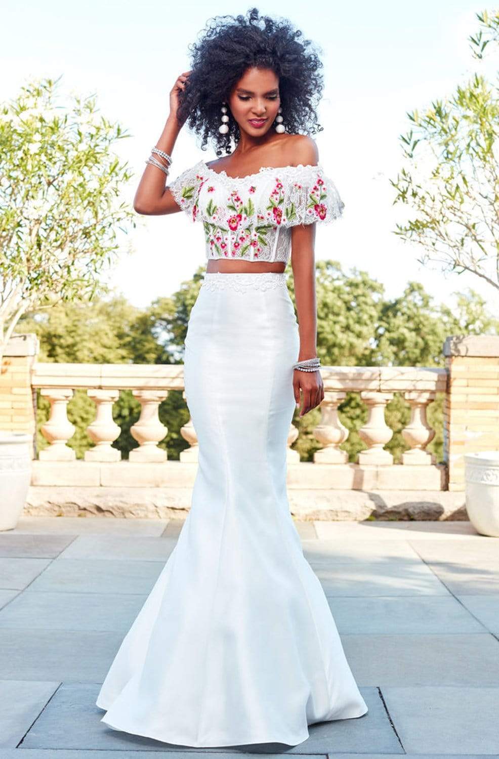 Mermaid Off-Shoulder Lace Corset Floor-Length Lace Dress 4955 by Clarisse 16 / White/Multi