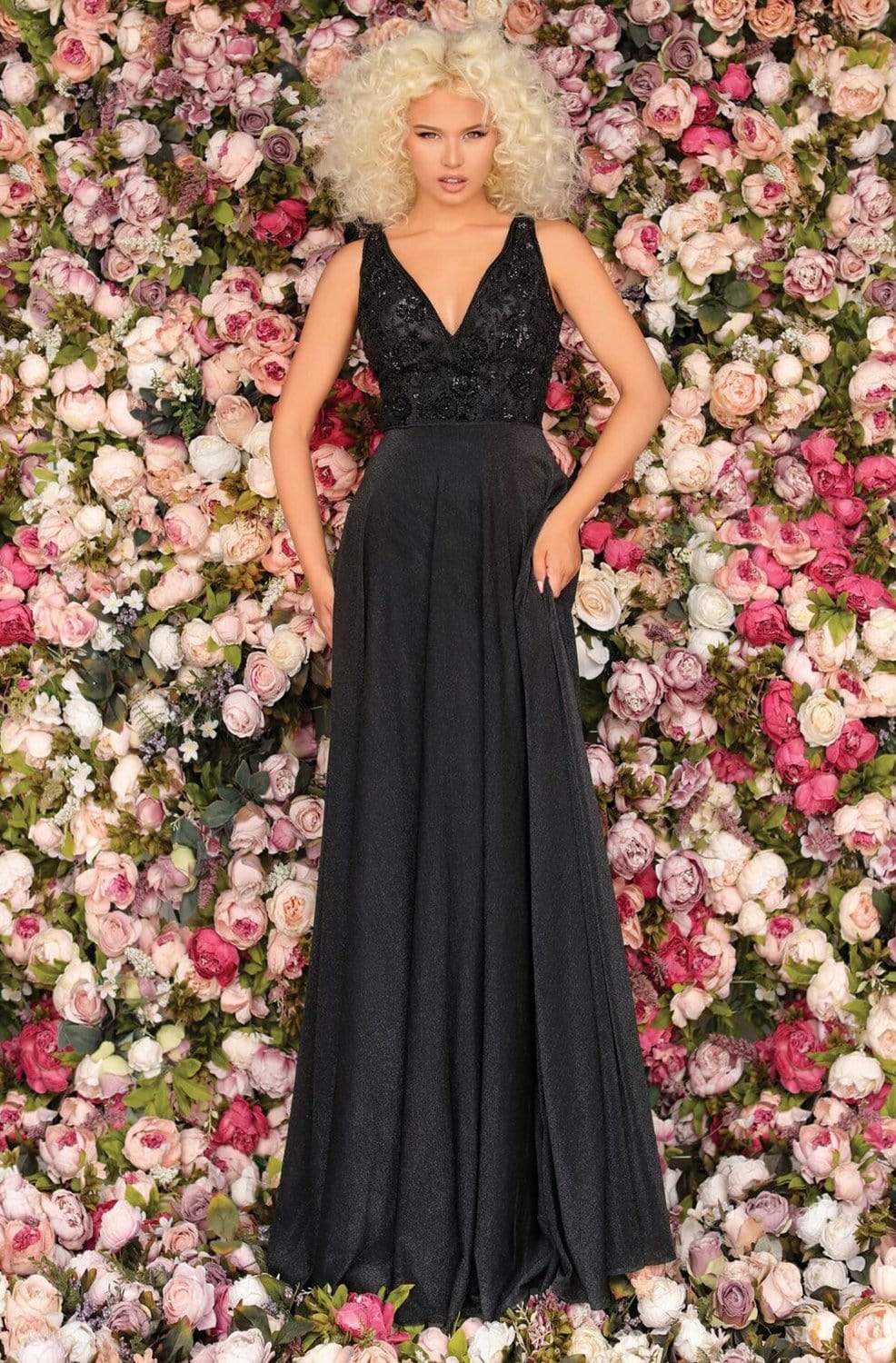 Clarisse - 5151 Beaded V-neck A-line Gown Prom Dresses 0 / Black
