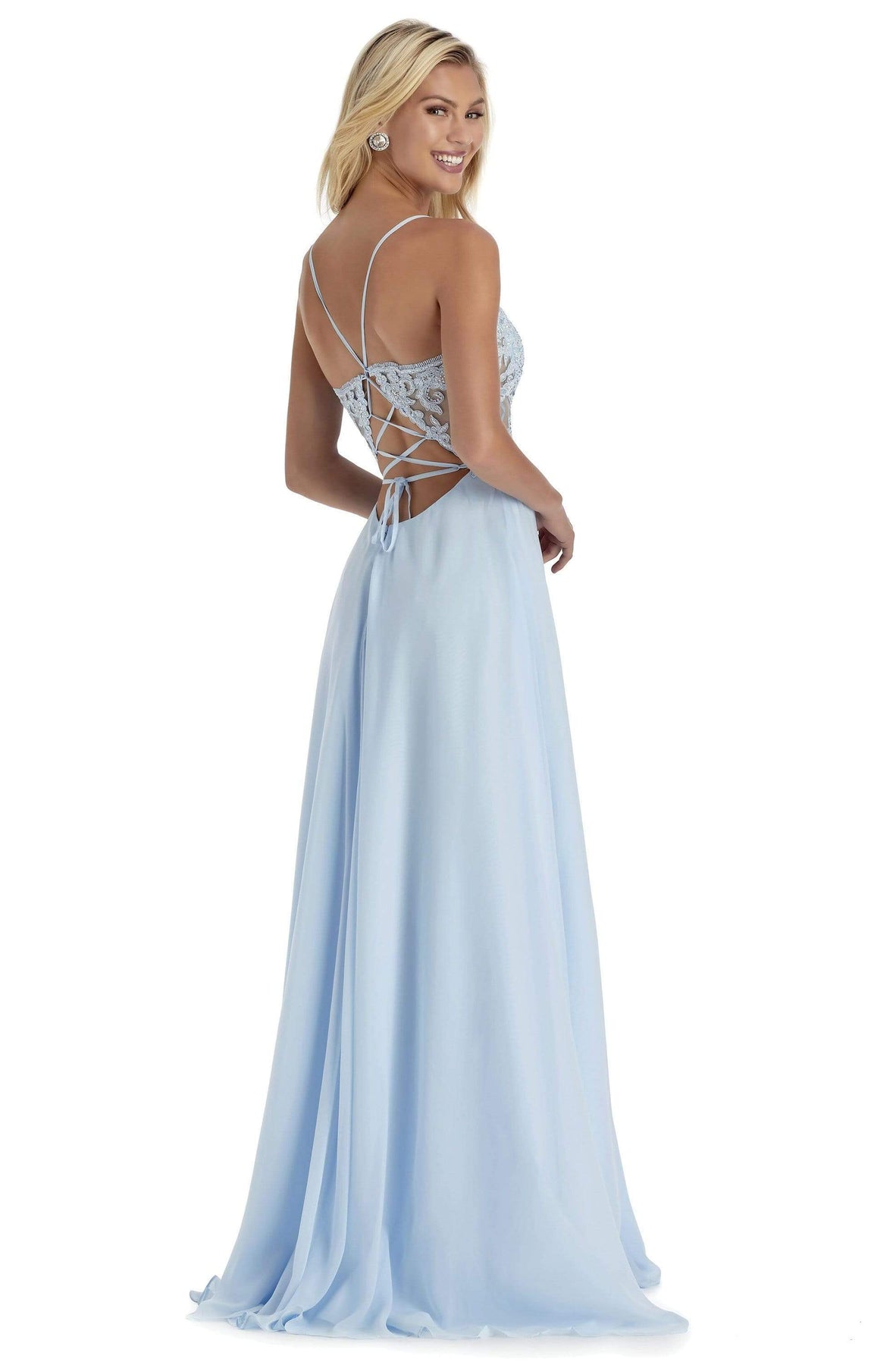 Clarisse - 8021 Embroidered Deep V-neck A-line Gown Prom Dresses 0 / Pale Blue
