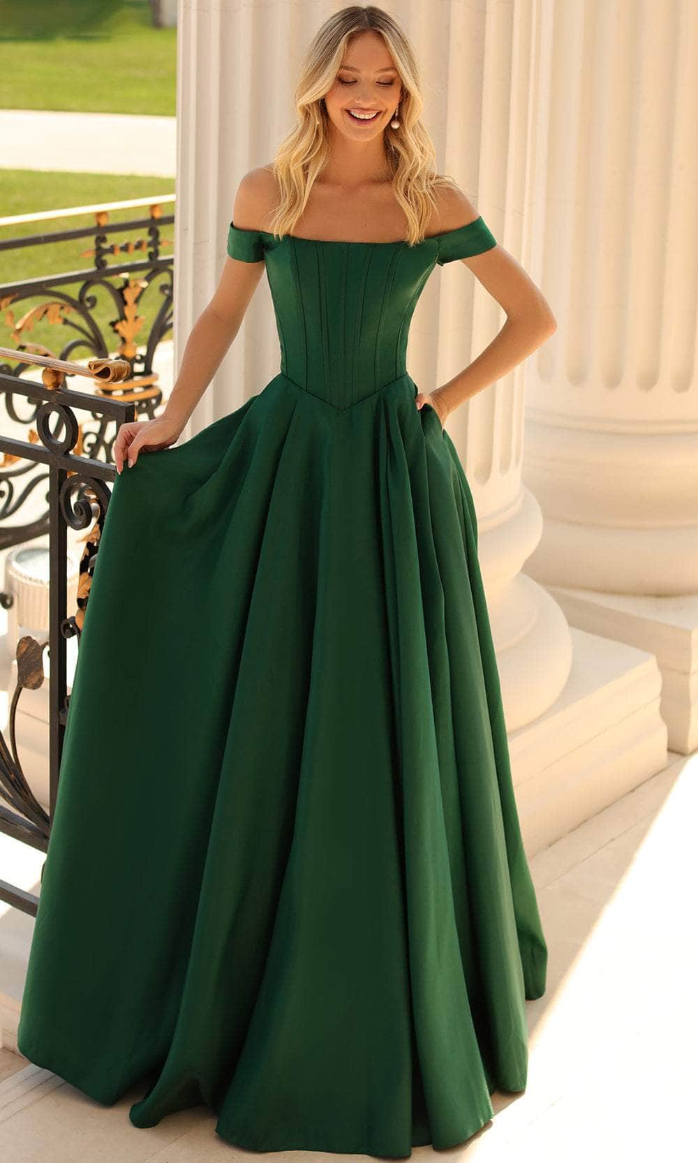 Clarisse 810604 - Long Jersey A-Line Dress - Exposed Corset Boning, Pleated Skirt, Pockets, Lace-Up Back, Sweep Train ADASA Clarisse 810604 - Long Jersey A-Line Dress - Exposed Corset Boning, Pleated Skirt, Pockets, Lace-Up Back, Sweep Train ADASA
