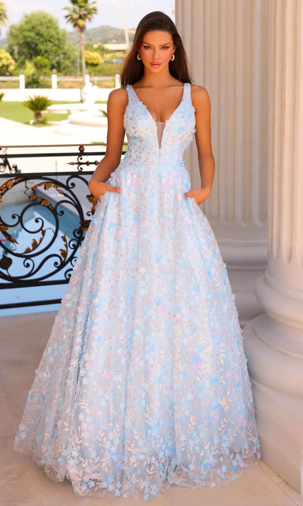 Clarisse 810723 - Long A-Line Dress - Wide Strap, 3D Floral Applique, Sequin, Pockets, V-Back, Horsehair Hem ADASA Clarisse 810723 - Long A-Line Dress - Wide Strap, 3D Floral Applique, Sequin, Pockets, V-Back, Horsehair Hem ADASA