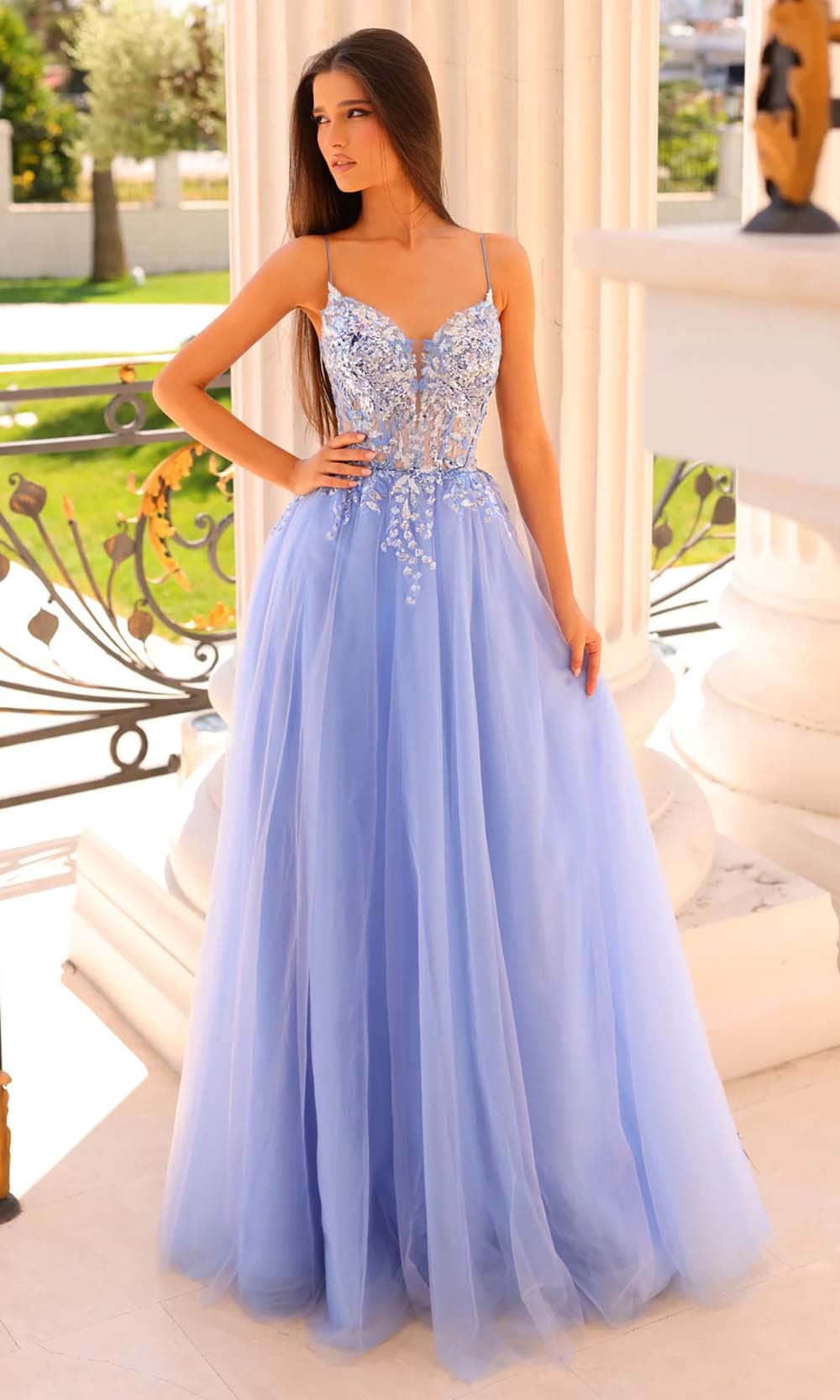 beaded periwinkle prom dress Ava Presley 29534 A Line Long Beaded Ruched Ruffle Formal Prom Dress