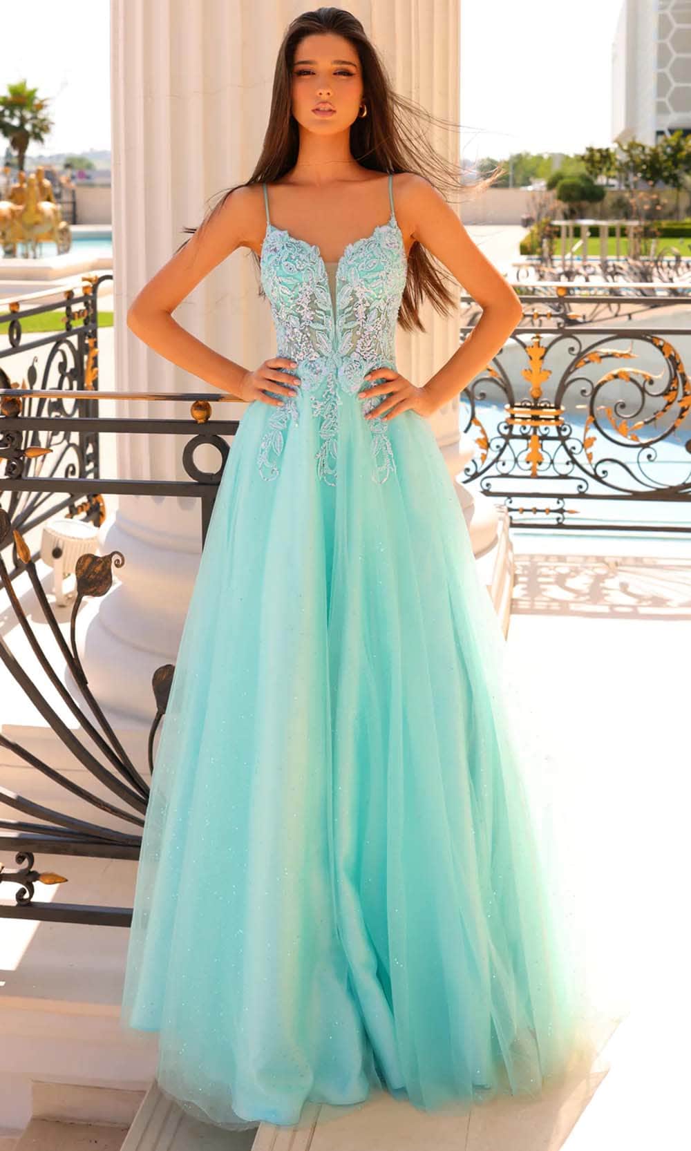 Clarisse 810969 - Long A-Line Dress - Sleeveless, Spaghetti Straps, Illusion Corset Bodice, Beaded, Sequin, V-Back, Sweep Train ADASA Clarisse 810969 - Long A-Line Dress - Sleeveless, Spaghetti Straps, Illusion Corset Bodice, Beaded, Sequin, V-Back, Sweep Train ADASA