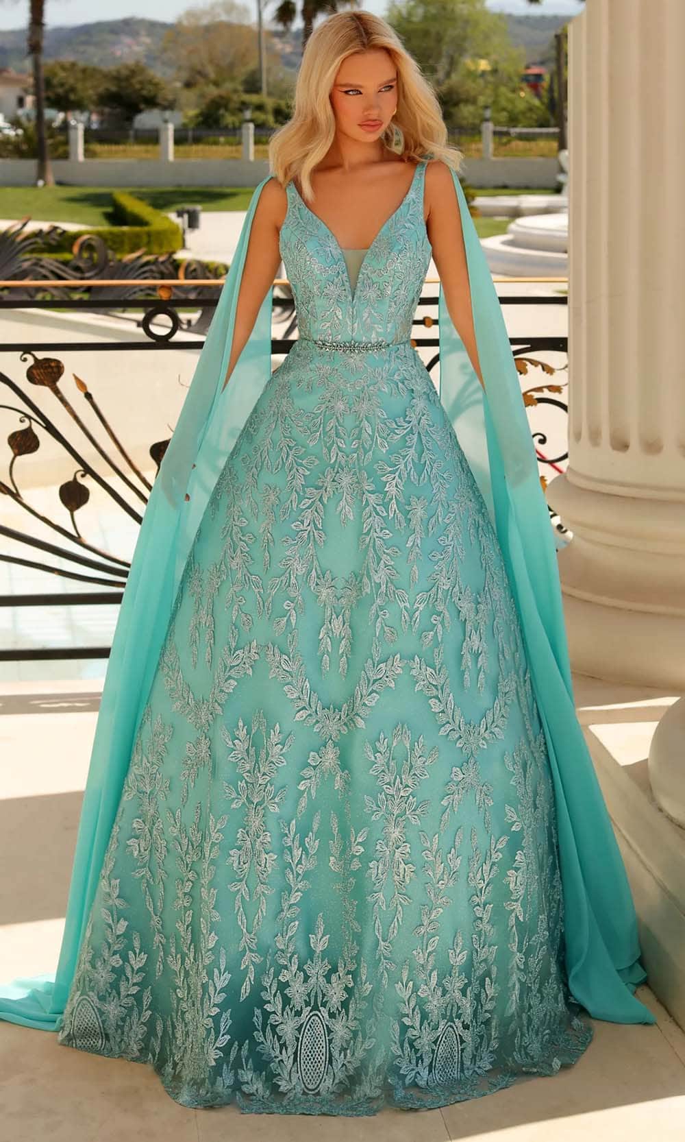 Clarisse 811040 - Long Ballgown Dress - Sleeveless, Sheer Inset, Glittering Embroideries, Beaded Belt, Back Cut-Out, Train, Detachable Cape ADASA Clarisse 811040 - Long Ballgown Dress - Sleeveless, Sheer Inset, Glittering Embroideries, Beaded Belt, Back Cut-Out, Train, Detachable Cape ADASA