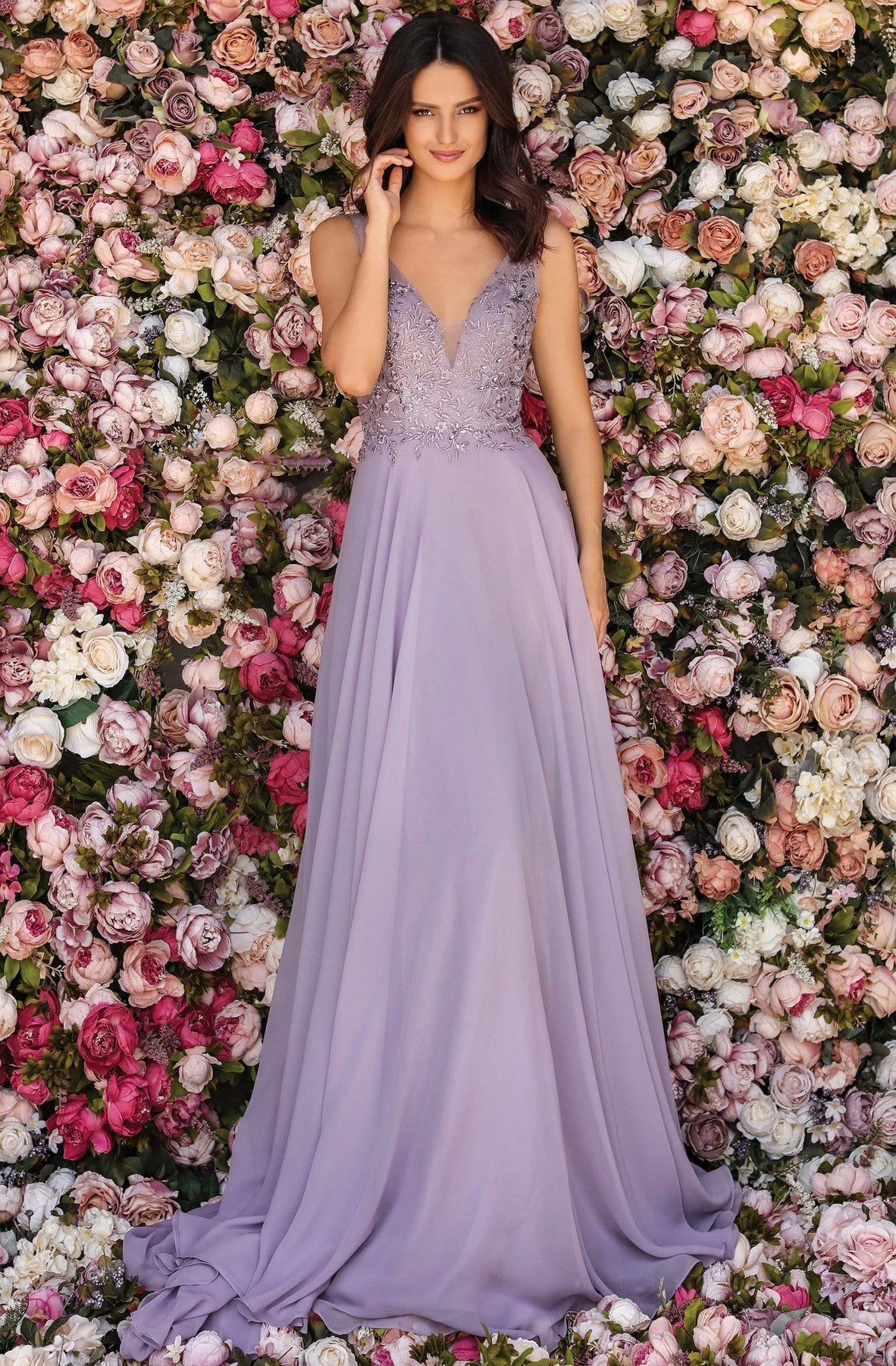 Clarisse - 8153 Beaded Floral Embroidered Chiffon Gown Prom Dresses 0 / Heather