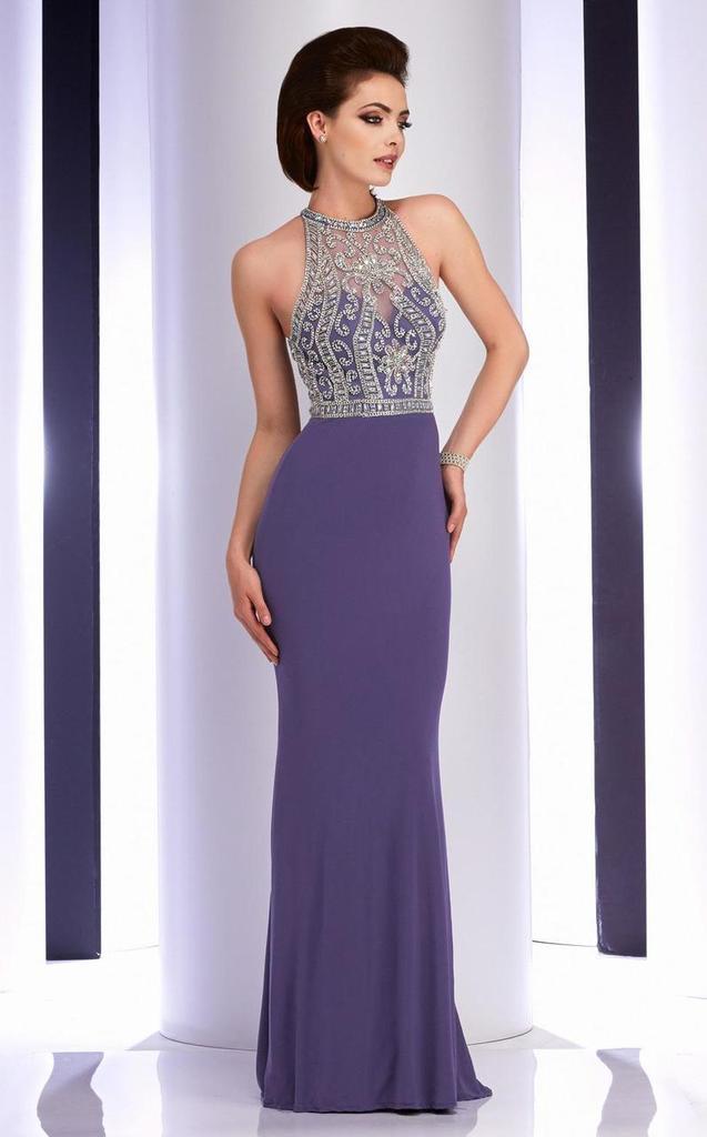 Clarisse - Crystal Festooned Halter Jersey Gown 2807 CCSALE 12 / Smoke