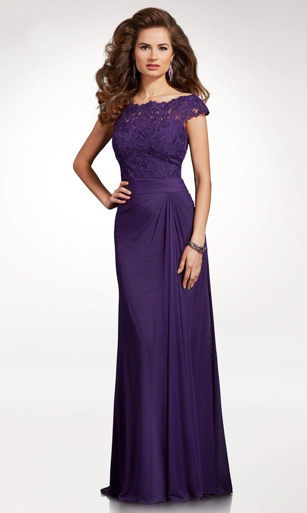 Clarisse - M6531 Lace Scalloped Bateau Chiffon Sheath Dress Special Occasion Dress 4 / Purple