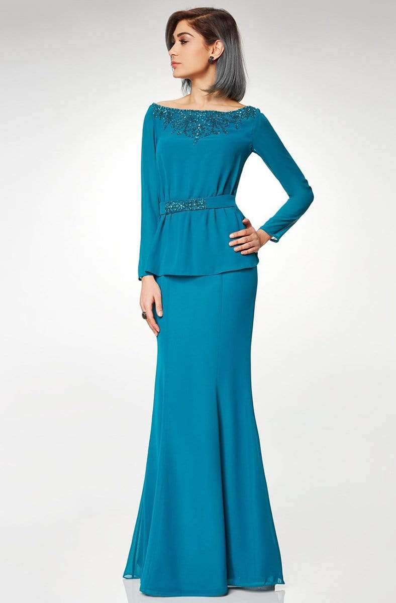 Clarisse - M6538 Beaded Embellished Neckline Long Sleeve Formal Dress Special Occasion Dress 6 / Green Topaz