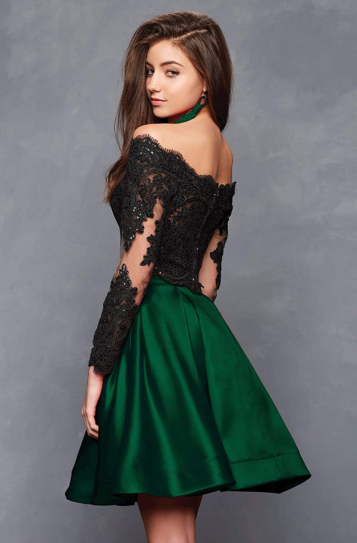 Clarisse - S3581 Two Piece Two Toned Lace Mikado A-line Dress Special Occasion Dress 0 / Black/Forestgreen