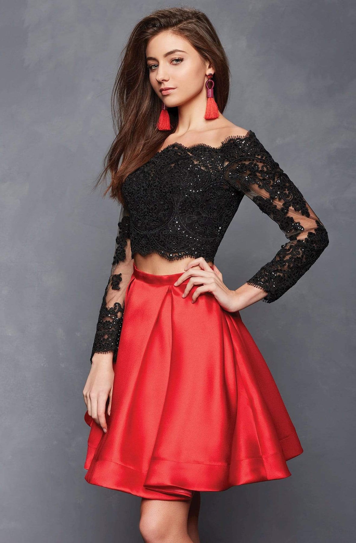 Clarisse - S3581 Two Piece Two Toned Lace Mikado A-line Dress Special Occasion Dress 0 / Black/Red