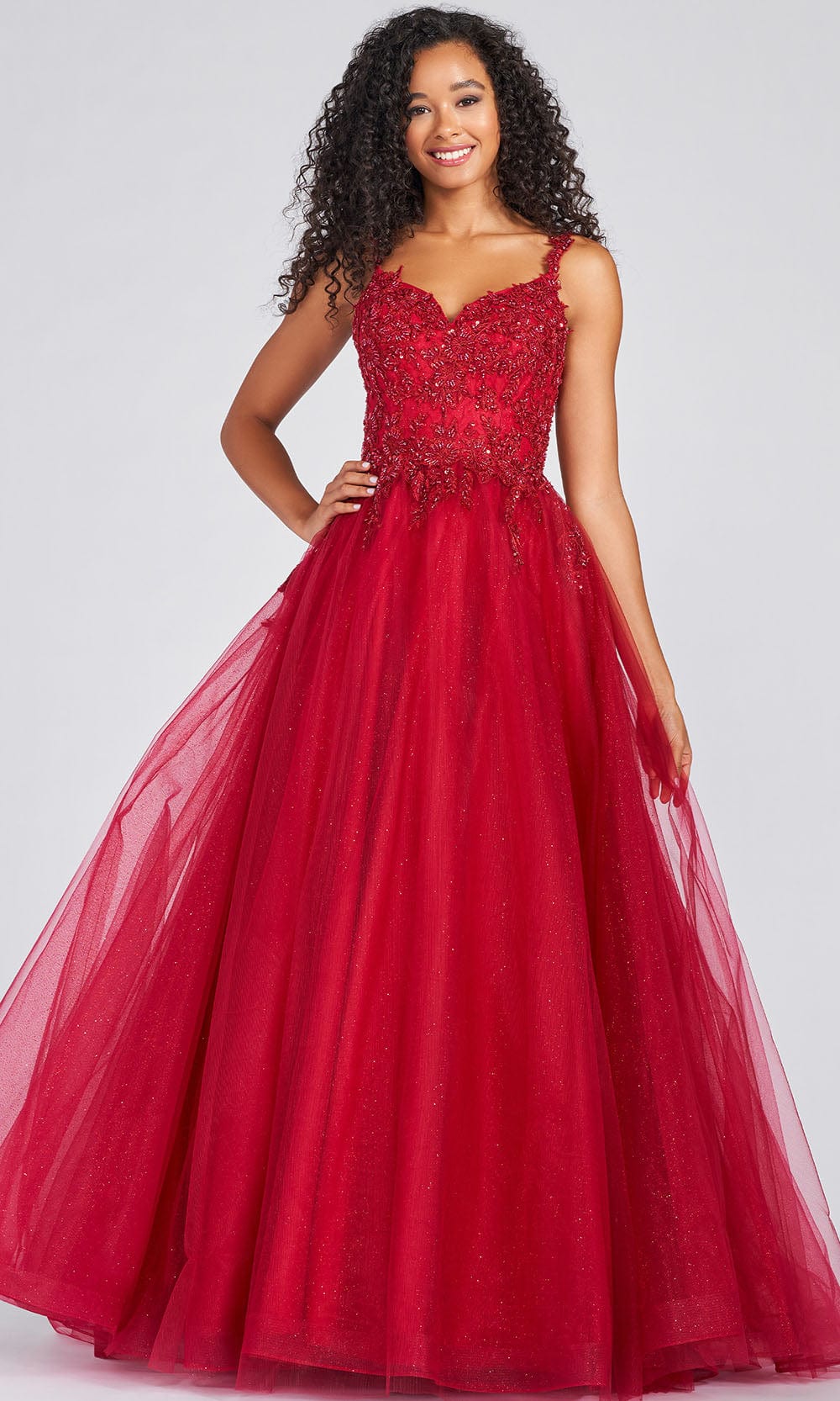 Colette By Daphne CL12205 - Beaded Glitter Tulle Ball Gown Prom Dresses 00 / Scarlet