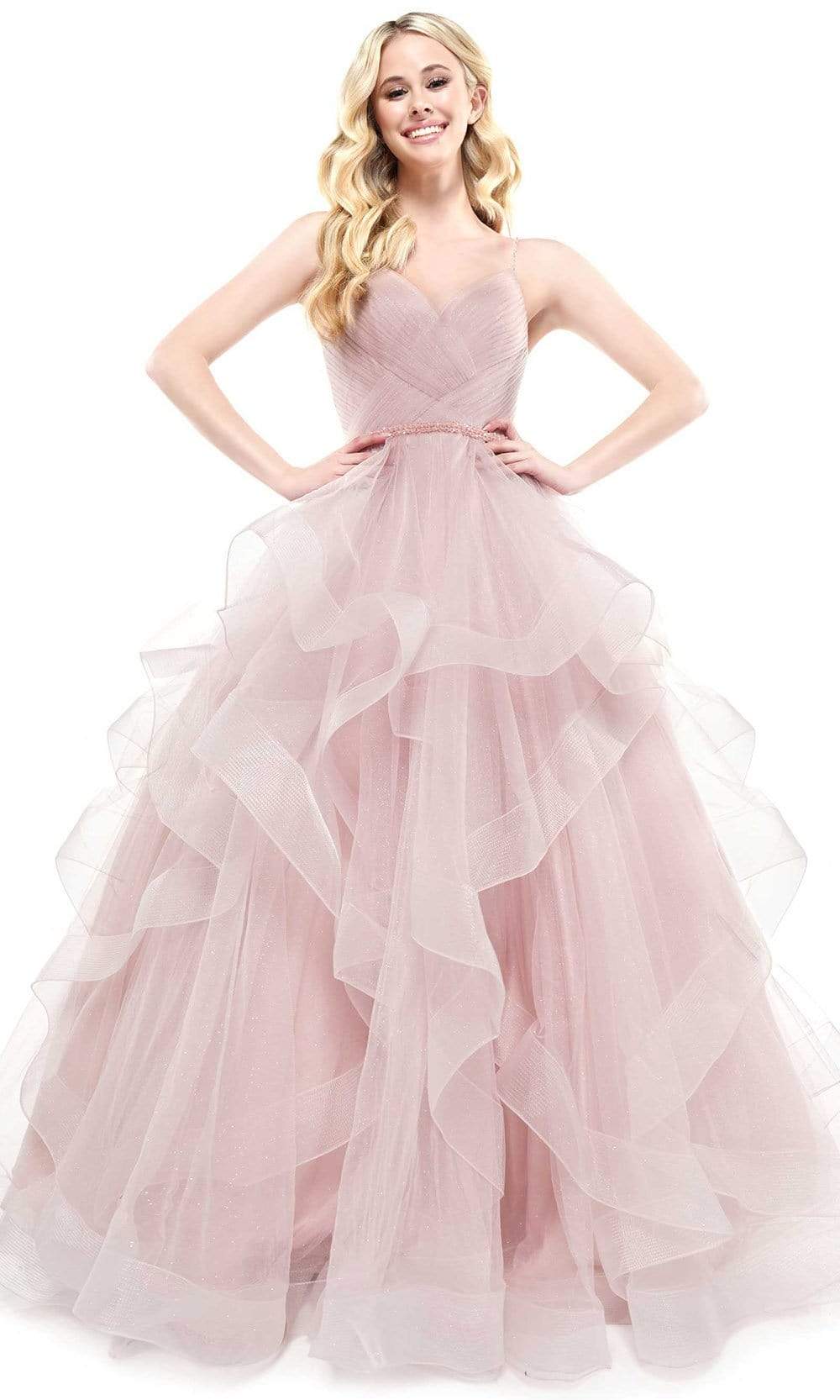 Colors Dress 2381 - Long Ballgown - Glitter Mesh, Sleeveless, Straps, Fitted bodice, Embellished belt, Ballgown skirt, Horsehair hemline 8 / Royal