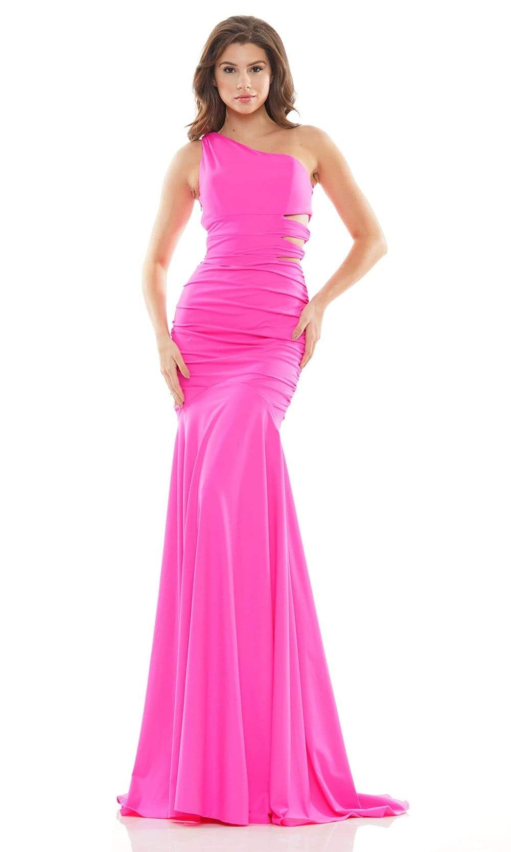 Colors Dress - 2693 One Shoulder Cutout Gown Prom Dresses 0 / Hot Pink