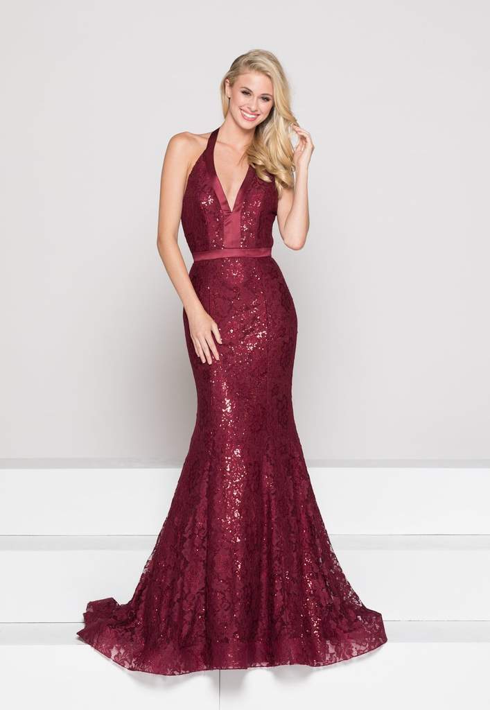 Colors Dress Halter Floral Backless Mermaid Gown 1848 CCSALE 4 / Wine