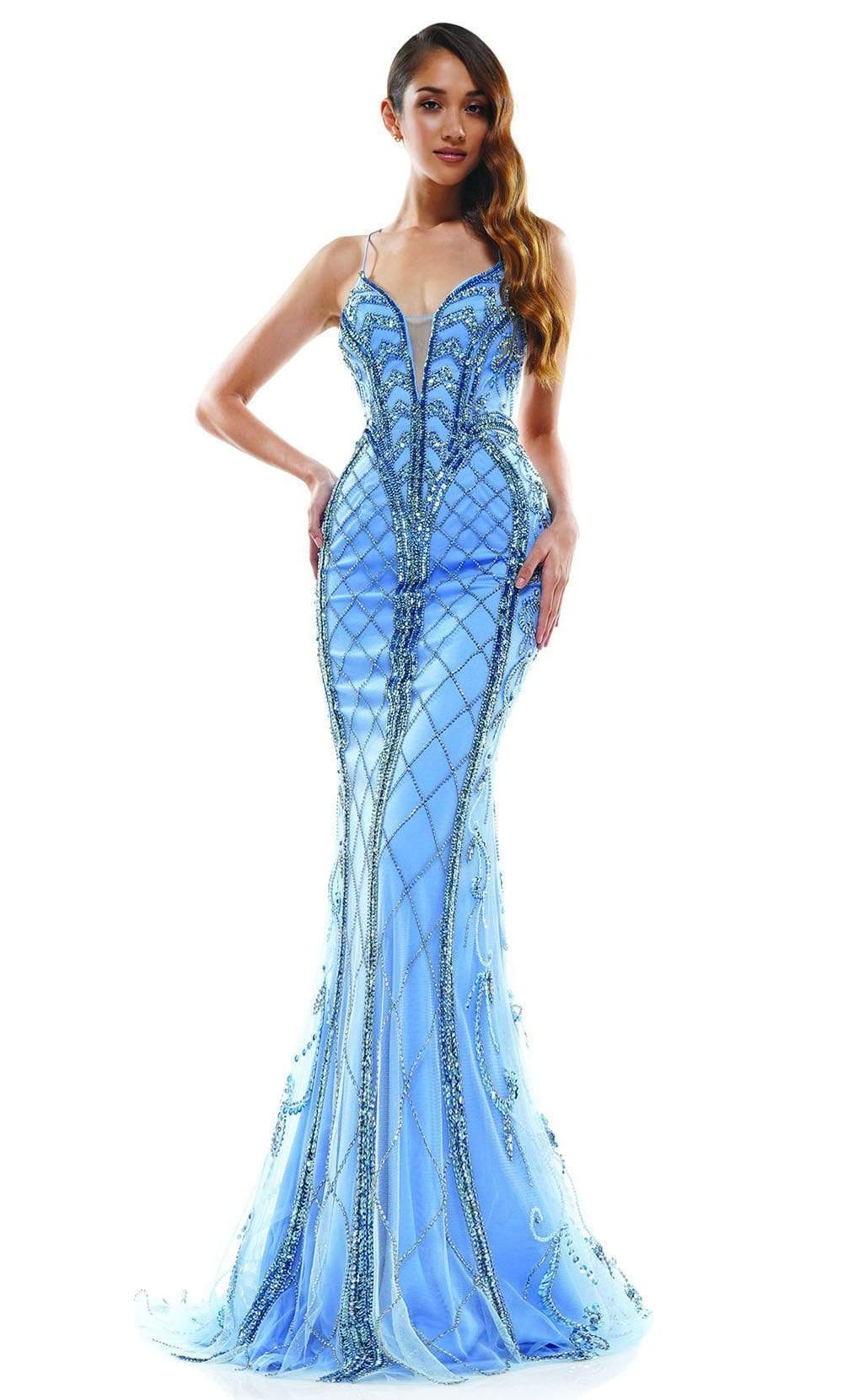 Colors Dress J127 - Long Trumpet Dress - Beaded Mesh, Fully Beaded, Sleeveless, Fitted, Sheer Inset Detail at the Bust, Strappy Open Back, Sweep Train ADASA Colors Dress J127 - Long Trumpet Dress - Beaded Mesh, Fully Beaded, Sleeveless, Fitted, Sheer Inset Detail at the Bust, Strappy Open Back, Sweep Train ADASA