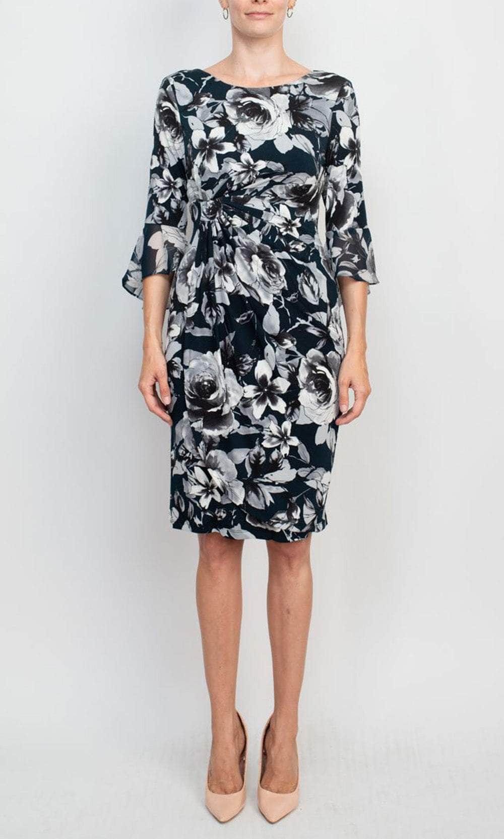 Connected Apparel TAL47985M1 - Knee-Length Ity Sheath Dress - Bell Quarter Sleeve, Floral Print, Gathered Side, Full Back, Fitted ADASA Connected Apparel TAL47985M1 - Knee-Length Ity Sheath Dress - Bell Quarter Sleeve, Floral Print, Gathered Side, Full Back, Fitted ADASA