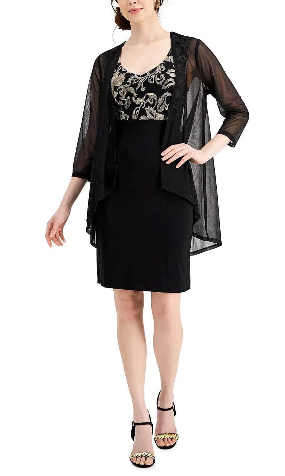 Connected Apparel TZC50809M1 - Short Jersey Sheath Dress - Two Piece Set, Sleeveless, Quarter Sleeve Open-Front Jacket, Metallic Embroidery, Full Back, Fitted ADASA Connected Apparel TZC50809M1 - Short Jersey Sheath Dress - Two Piece Set, Sleeveless, Quarter Sleeve Open-Front Jacket, Metallic Embroidery, Full Back, Fitted ADASA