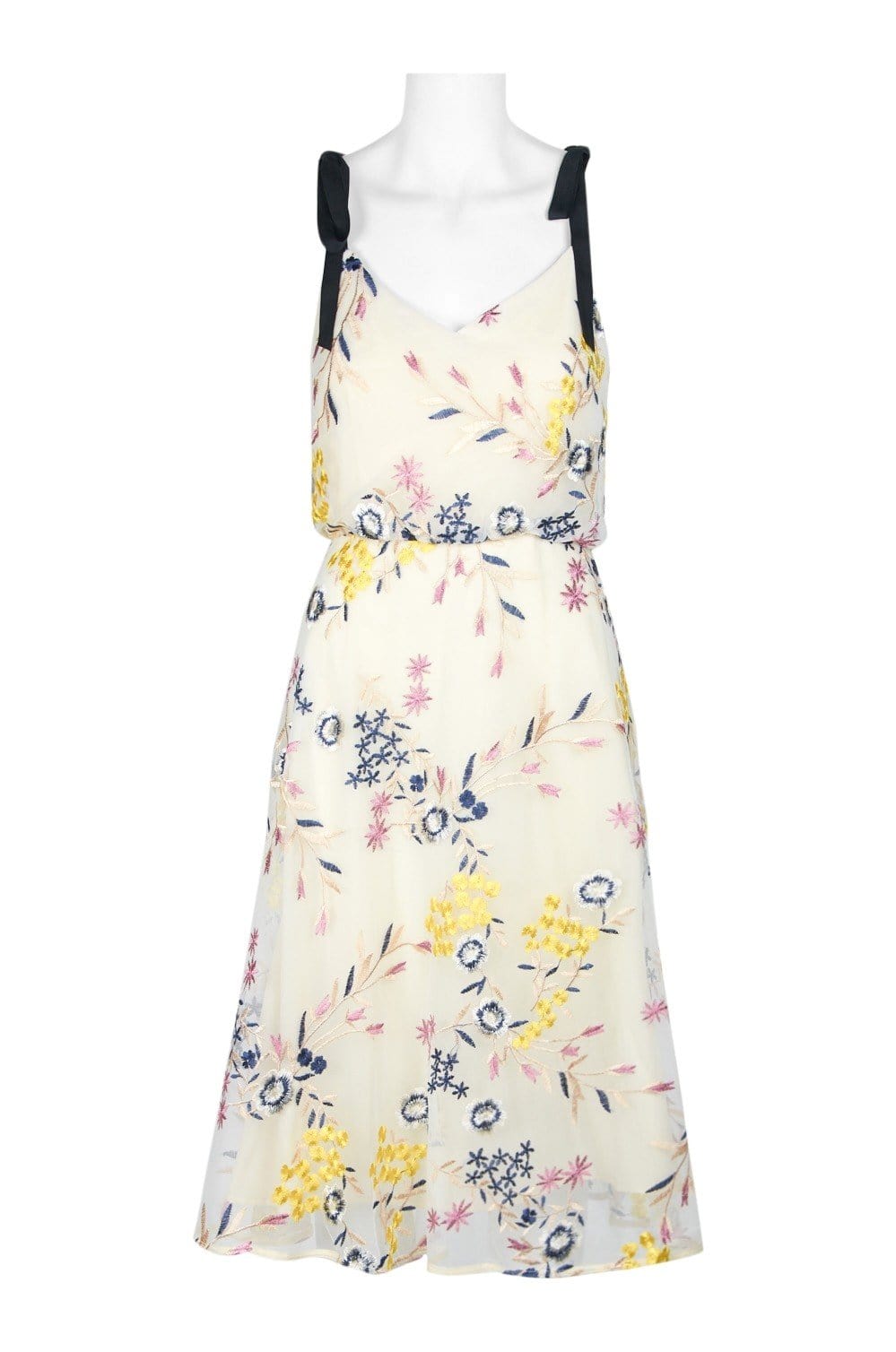 Donna Morgan - D5845M Embroidered V-neck A-line Dress In Yellow and Multi-Color