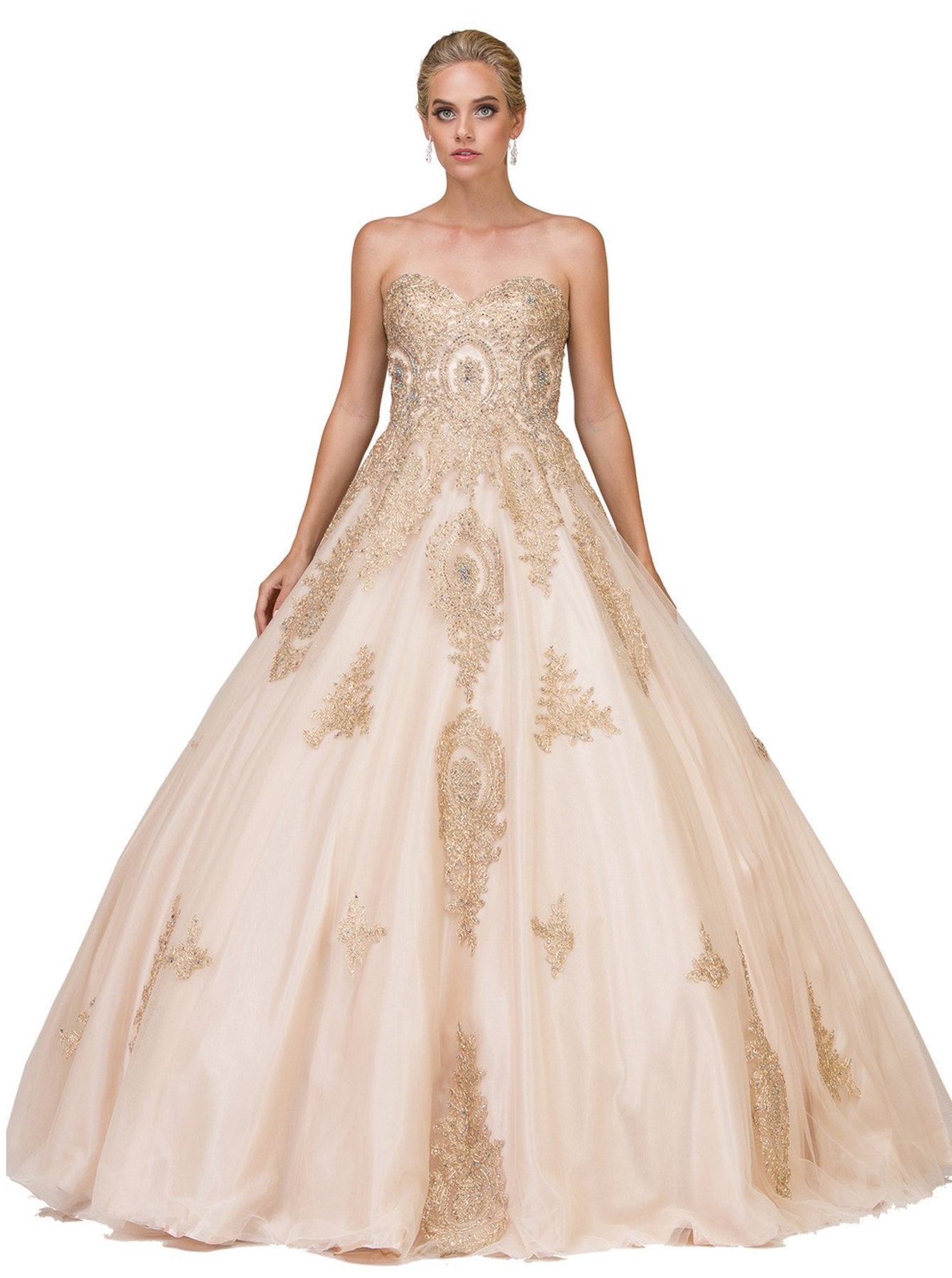 Dancing Queen - 1105 Strapless Sweetheart Gilt Appliqued Prom Ball Gown Sweet 16 Dresses XS / Champagne