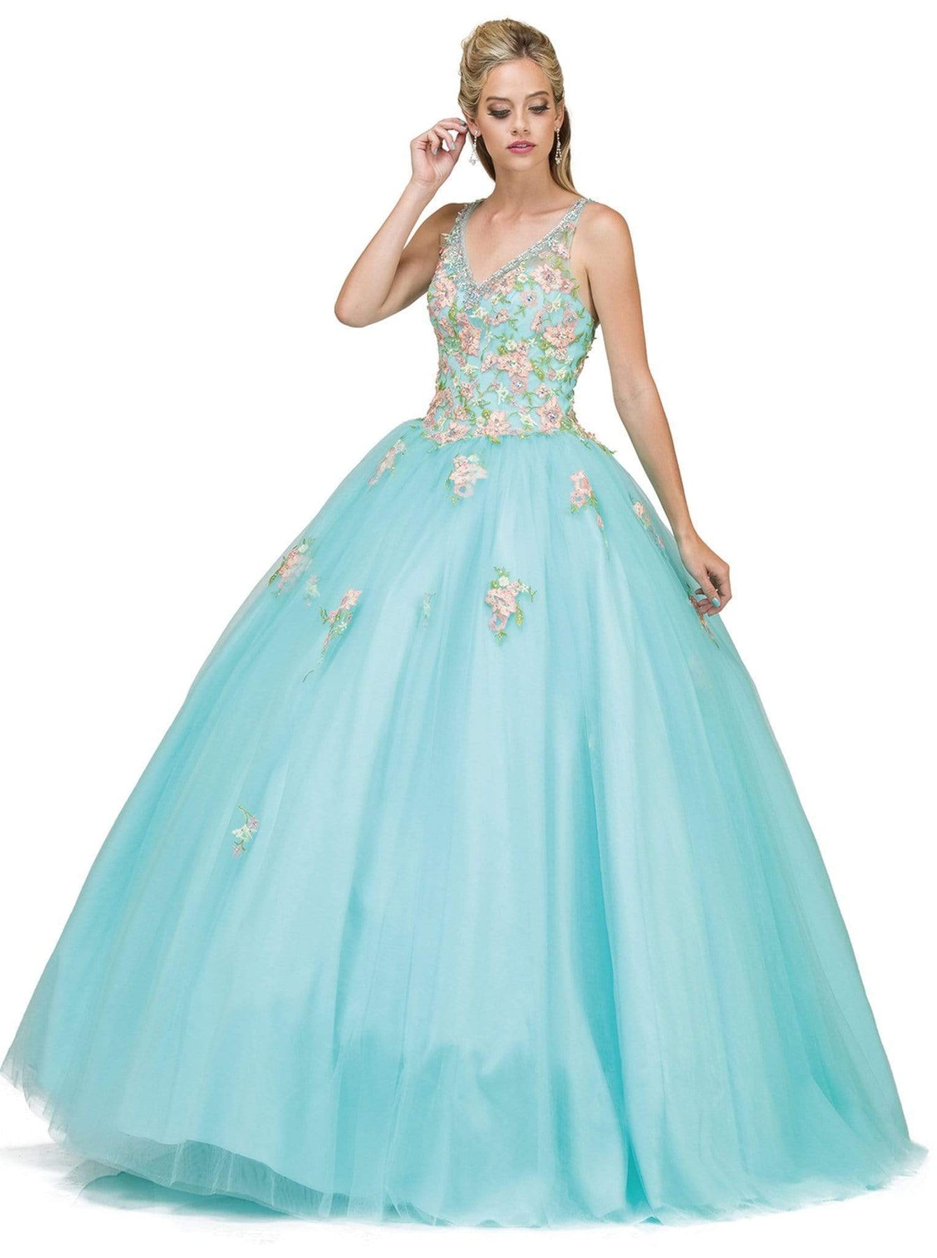 Dancing Queen - 1187 Floral Applique V-neck Quinceanera Ballgown Sweet 16 Dresses XS / Mint