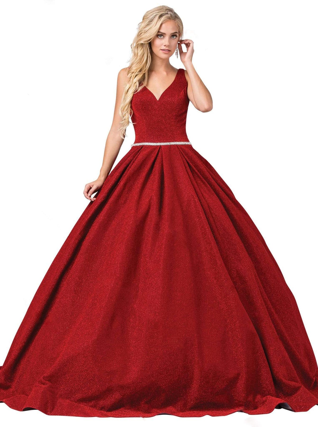Dancing Queen - 1356 Deep V-Neck Bejeweled Waist Ballgown Quinceanera Dresses XS / Red
