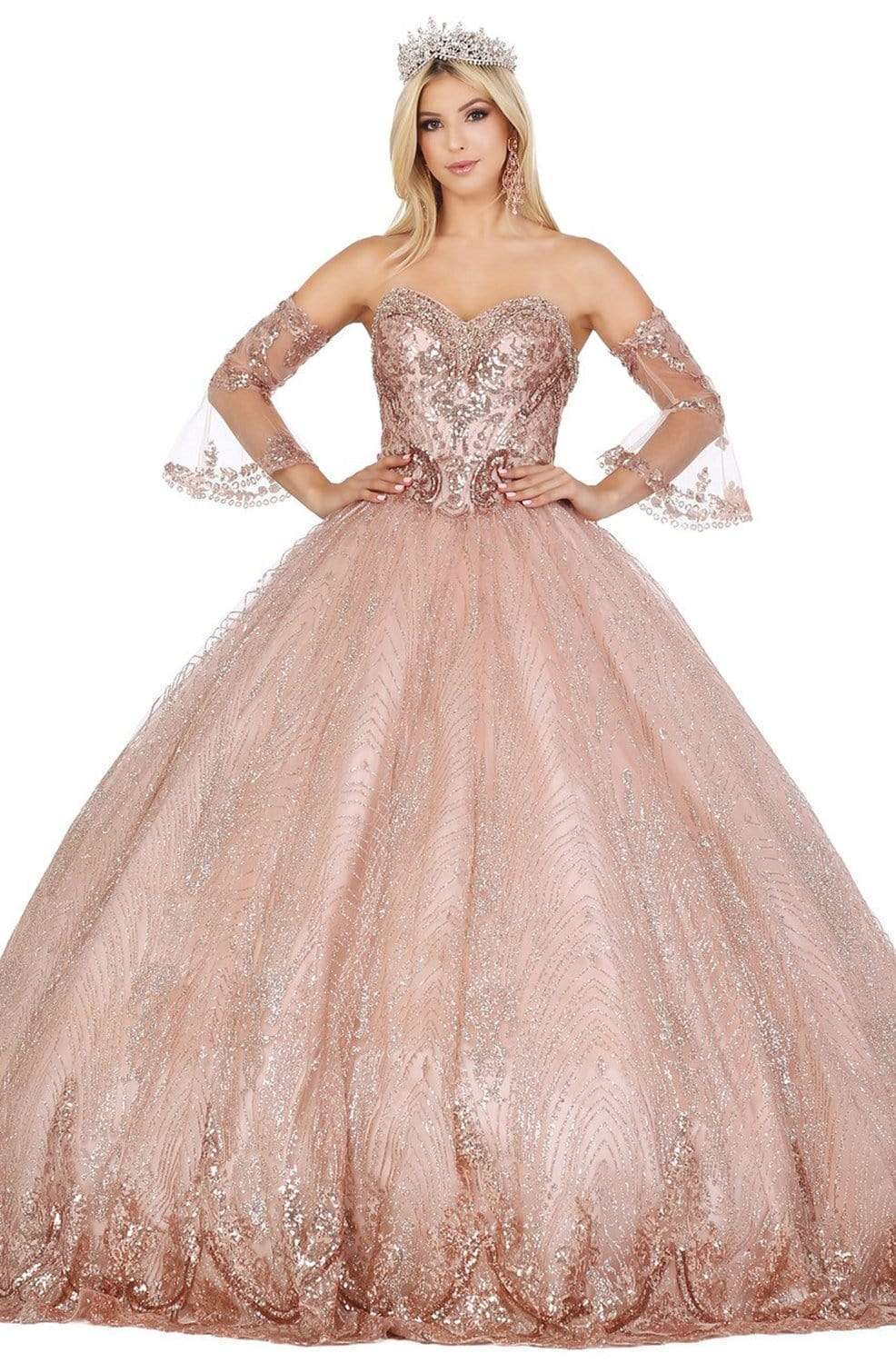 Dancing Queen - 1443 Beaded Sweetheart Bodice Glitter Ballgown Quinceanera Dresses XS / Rose Gold
