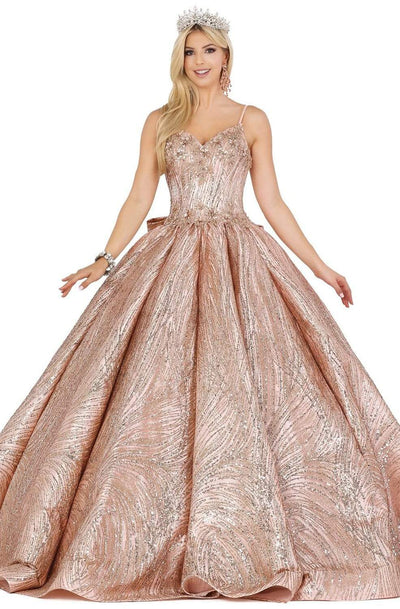 Dancing Queen - 1447 Appliqued Bow Accented Back Ballgown Ball Gowns XS / Rose Gold
