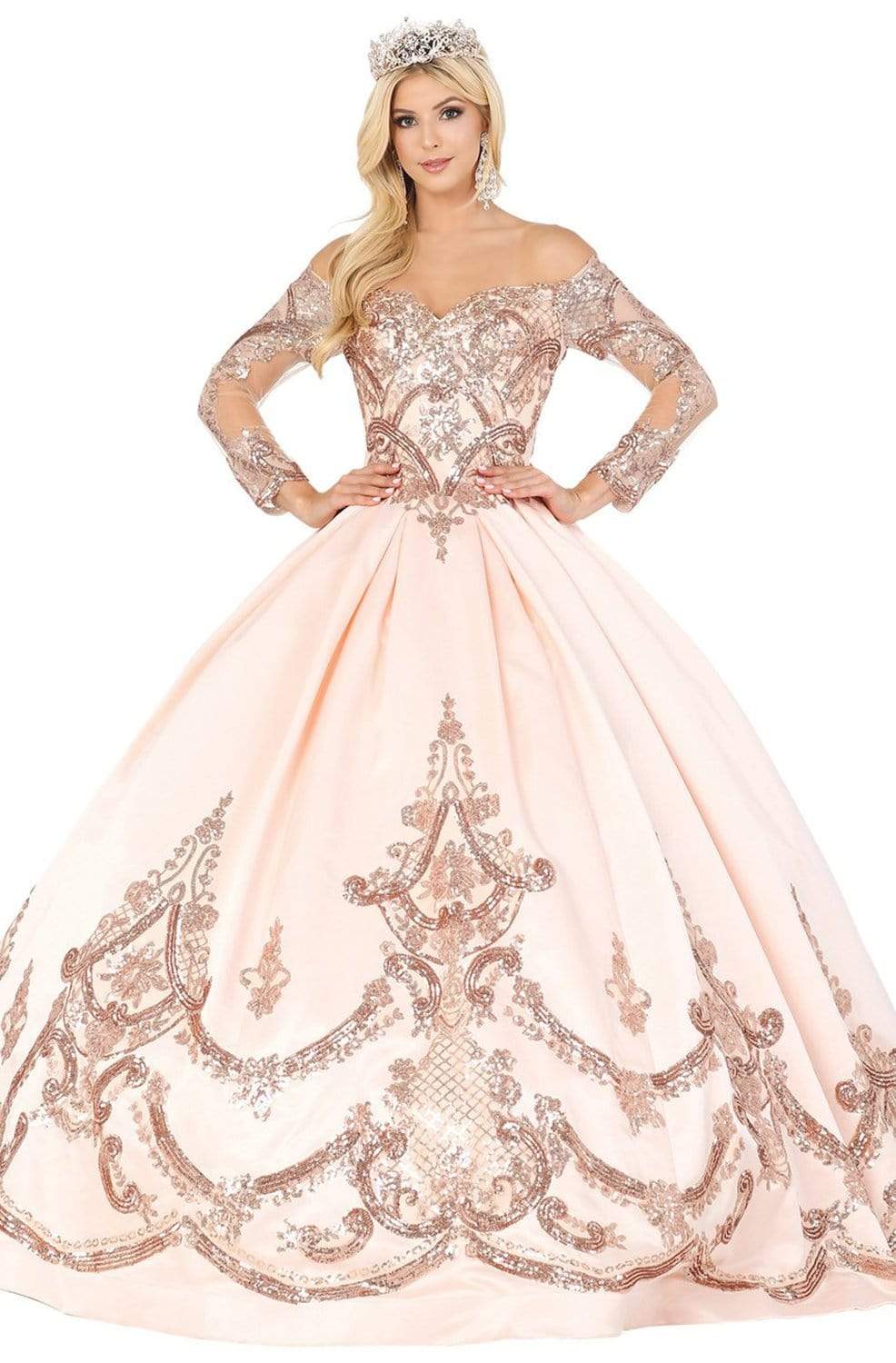 Dancing Queen Danq_1531 - Long Ballgown Dress - Sheer Long Sleeves, Embellishments, Fitted Bodice, Pleated Ballgown Skirt, Lace Up Back, Sweep Train ADASA Dancing Queen Danq_1531 - Long Ballgown Dress - Sheer Long Sleeves, Embellishments, Fitted Bodice, Pleated Ballgown Skirt, Lace Up Back, Sweep Train ADASA