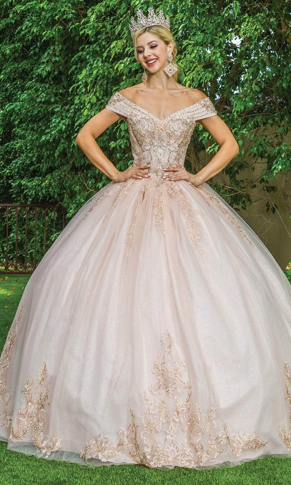 Dancing Queen Danq_1567 - Long Ballgown Dress - Beaded, Embroidered Details, V-Open Back, Corset, Court Train S / Blush Dancing Queen Danq_1567 - Long Ballgown Dress - Beaded, Embroidered Details, V-Open Back, Corset, Court Train S / Blush