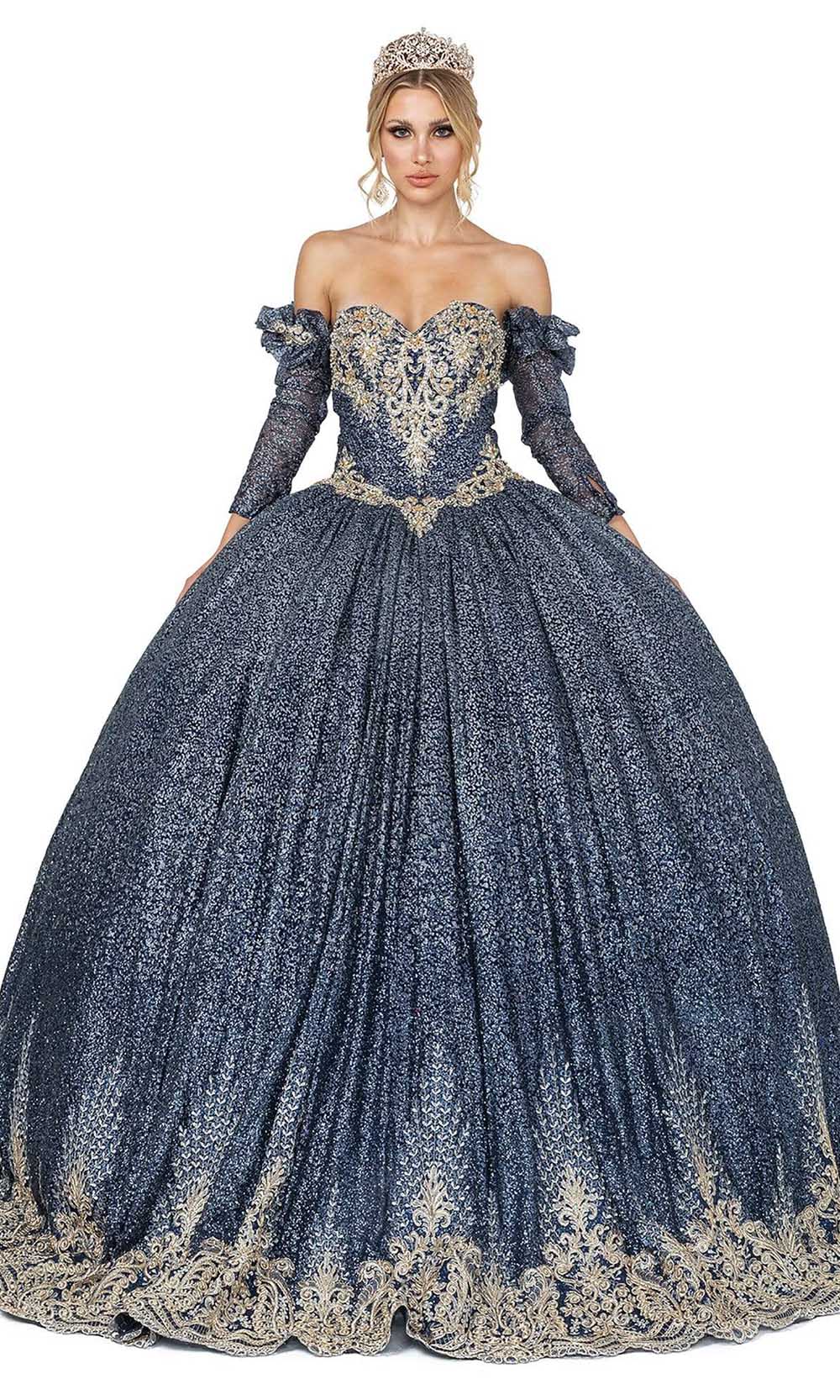 Dancing Queen Danq_1568 - Long Ballgown Dress - Puff Detail, Long Sleeves, Beaded, Lace Appliques, Corset Back, Lace Trimmed Train ADASA Dancing Queen Danq_1568 - Long Ballgown Dress - Puff Detail, Long Sleeves, Beaded, Lace Appliques, Corset Back, Lace Trimmed Train ADASA