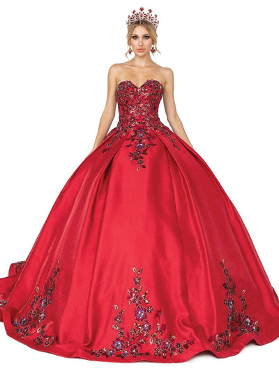 Dancing Queen - 1578 Strapless Floral Detailed Gown In Burgundy